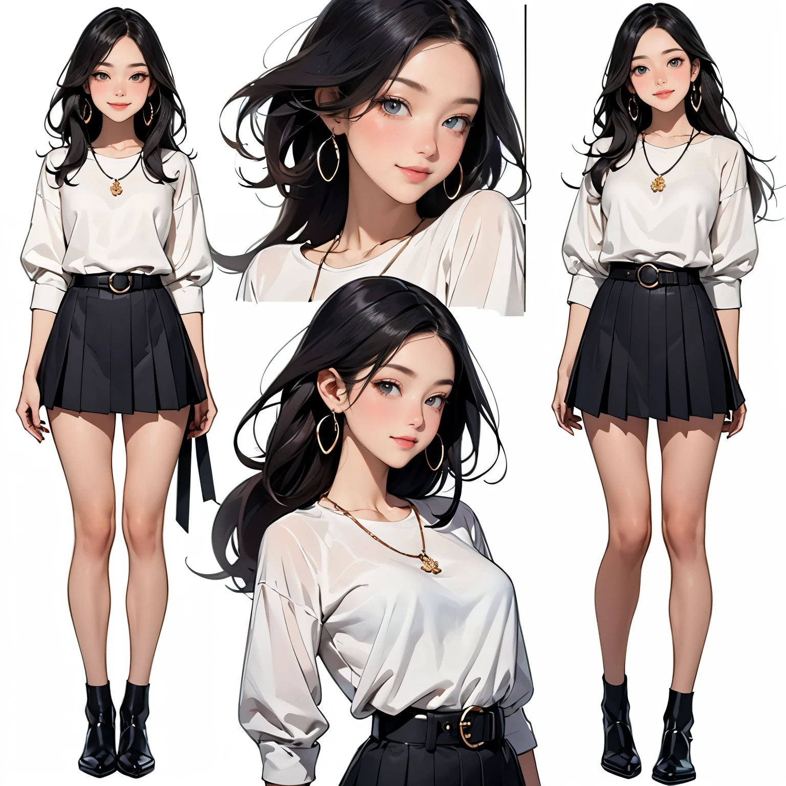 (same character reference sheet,same perfect clothes),masterpiece,Ultra-detailed,perfect face,bloom,20years old,(A very pretty Japanese girl standing straight),arms at sides,straight-on,wide stance,facing forward,square face,round jaw,happy smile,(cute almond eyes:1.2),(very short stature:1.2),(slender body),huge breasts,beautiful black skin,laced blouse,laced pleated mini-skirt,thick belt,shoes),straight long hair,black hair,necklace,earrings,happy,smile,Full body, (simple white background),(front view,back view,close-up face view,from a distance),perfect anatomy,simple background,