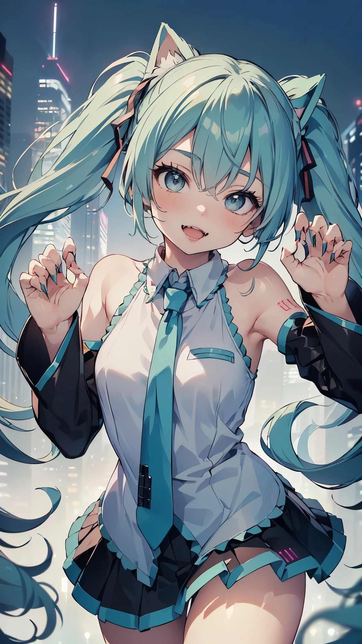 (Masterpiece,best composition,Best Quality,ultra-detail,Best Shadows,Perfect composition),(portrait:1.5),Hatsune Miku,((((very cute girl,Glamorous body,Perfect figure,light-blue twin-tails hair,Tilt head)))),shy smile,blushing,cute big eyes,The eyes are shining,(((lips wide open and bare huge Fangs))),hatsune miku uniform,very delicate details fashion,super detail and beautiful hand,beautiful slim legs,big tits,(((cat pose,attacking here with the small claws of both hands raised))),in the big city,(((at midnight,Beautiful skyscraper night view)))