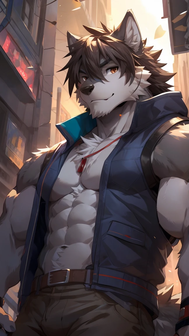Masterpieces, furry, male, Anthropomorphic, Wolf, veiny, athletic body, Delicate eyes, goatee, furred body, street thug, anime, depth of field, perfect lighting, (best quality),(masterpiece),(ultra detailed), sharp focus, light particles, detailed background, straight jeans, shirtless, fierce look, soldier look, full body, six pack abs, black nipples, scars, black gloves