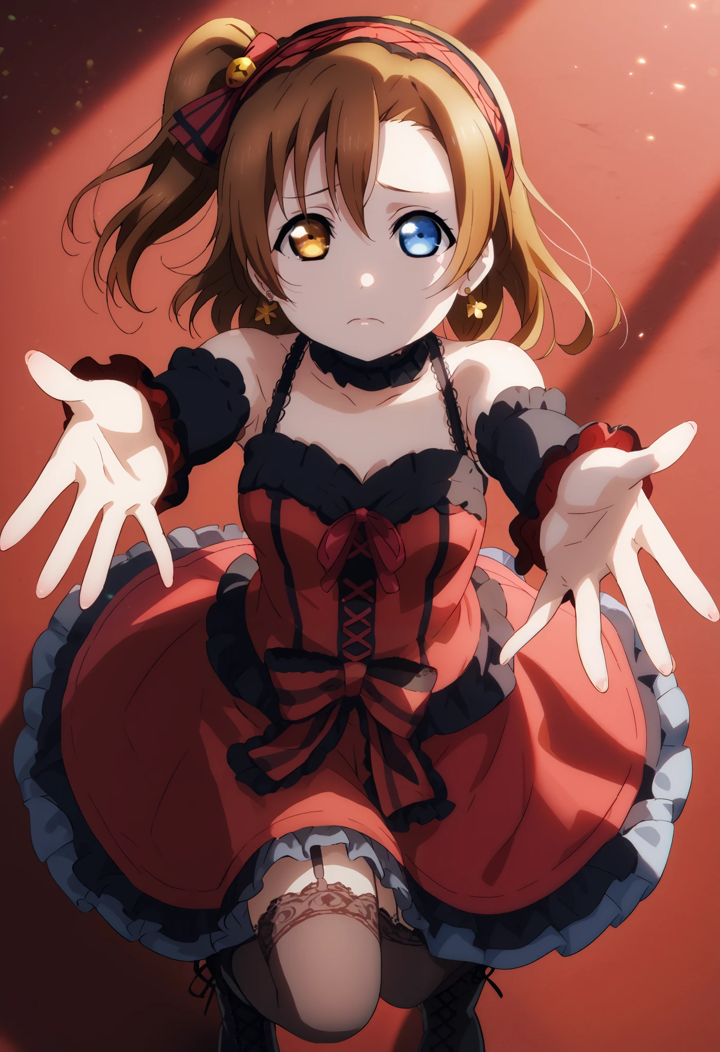 (Masterpiece, Best Quality, High Quality), anime style, love live,kousaka honoka , kousaka honoka,id_honoka_kosaka,love live, blue eyes, brown hair, 8k wallpaper, looking at viewer, earrings, heterochromia, hairband, red dress, striped bow, frills, detached sleeves, frilled choker, black thighhighs, garter straps, lace-up boots,soft red lighting, detailed face, from above, hands up, reaching out,sad