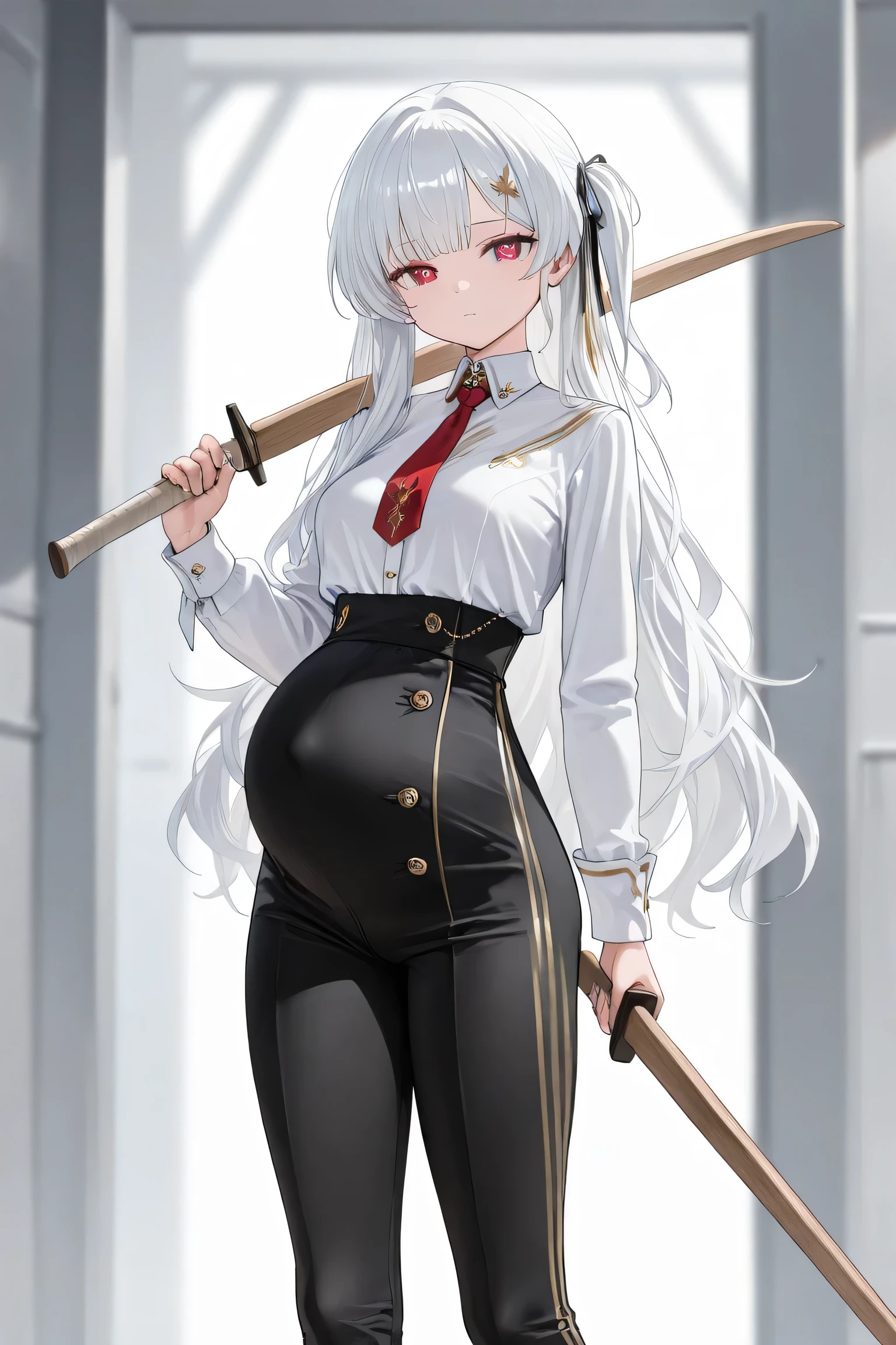 (Best quality, 4k, 8k, high resolution, masterpiece:1.2), ultra detailed, intricate details, SOLO, beautiful girl, alone, long white hair, bangs, one side of her hair adorned with a white ribbon with gold stripes, red-colored eyes, small-medium breasts, perfect smooth skin, looking at viewer, head tilted, white button-up shirt, (Pregnant:1.0), black hair ribbon with golden line, right hair ribbon, At the training ground on the sandy field, high-waisted black trousers, high-waisted slim-fit pants, Standing, holding a wooden sword, put the sword on the shoulder, 1 sword, red tie