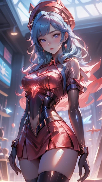 (elegant robotic) lady, (masterpiece), intricate details, retro, ((1999s anime)), ((best quality)), (bright colorful future city at night), (radiant long leather straps) iridescent [holographic metal tight], red buttoned device, iridescent metal, (diamond futuristic) jewelry, (red lips), laser, curvy-thick, extremely detailed, covered, dynamic pose