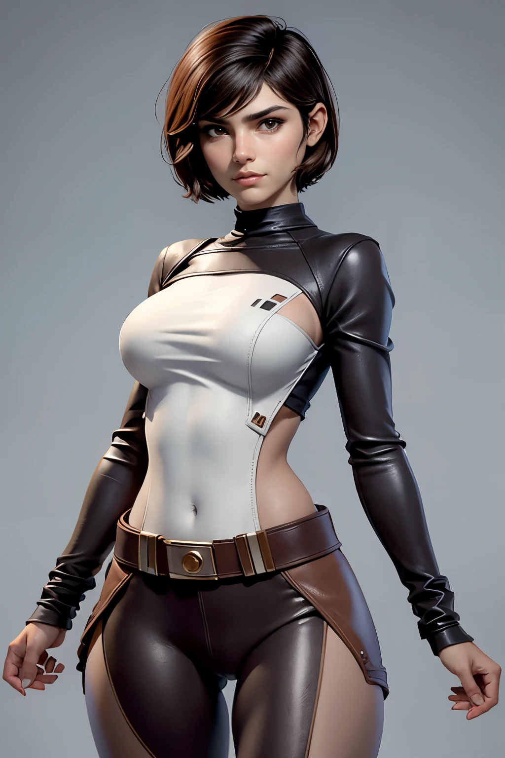 Star Wars , short hair, brown eyes, confident, decided, firm stance, confident expression , wears tight brown leather leggings with belt, masterpiece, super detail, high quality, composition epic character, natural lighting , sharp focus, ultra resolution , plain white background , without patterns, No textures.