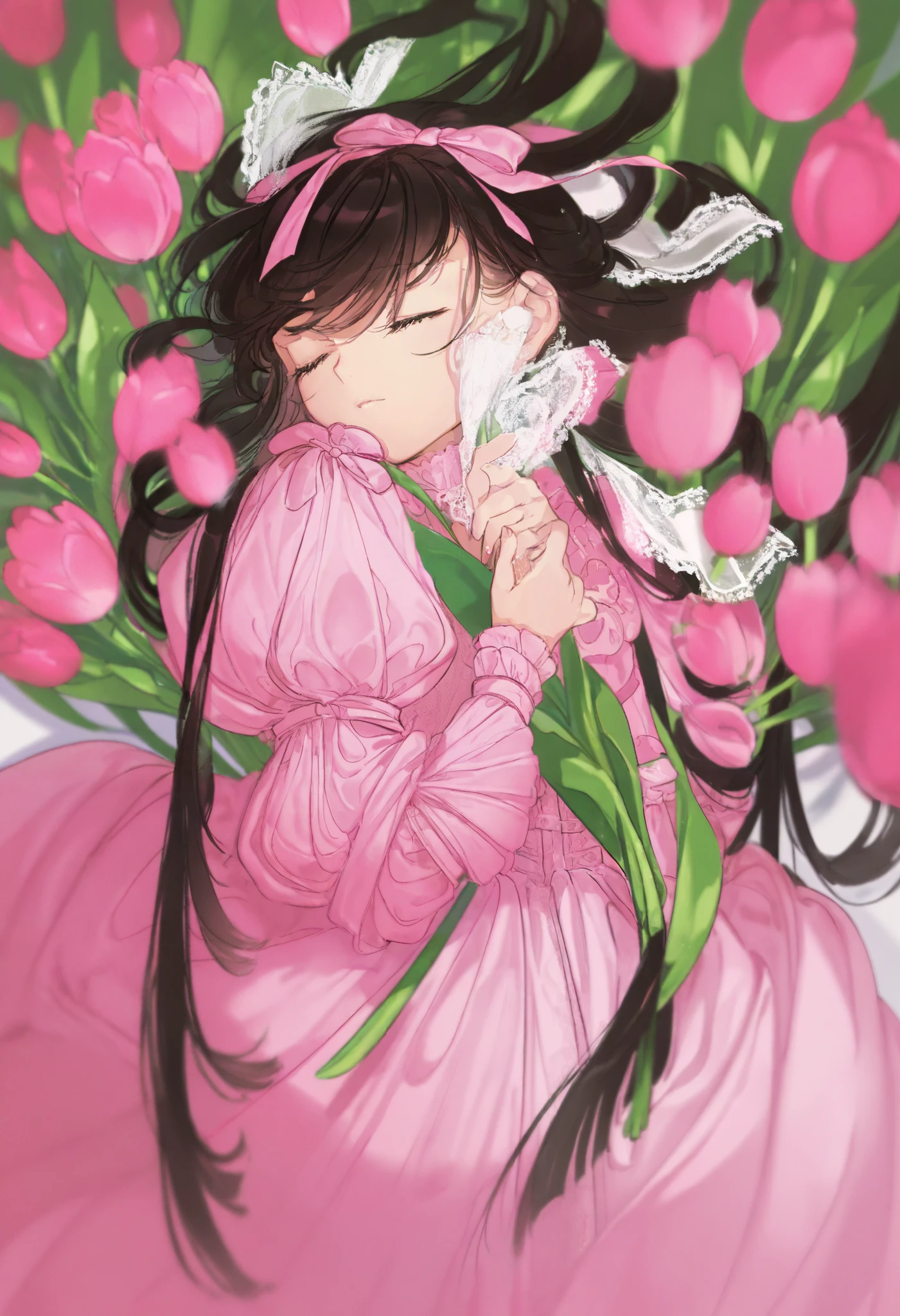 Tulip 1 .2,of, cute beautiful girl,单人 独自of,, Hold, Hold 郁金香花,, long hair, Jewelry, upper body, blurry, European classical style,粉红色超 long hair, closed eyes ,大红色 bow,ta long dress,Puff sleeves, bow,可爱of,Dream general ,( pink theme)