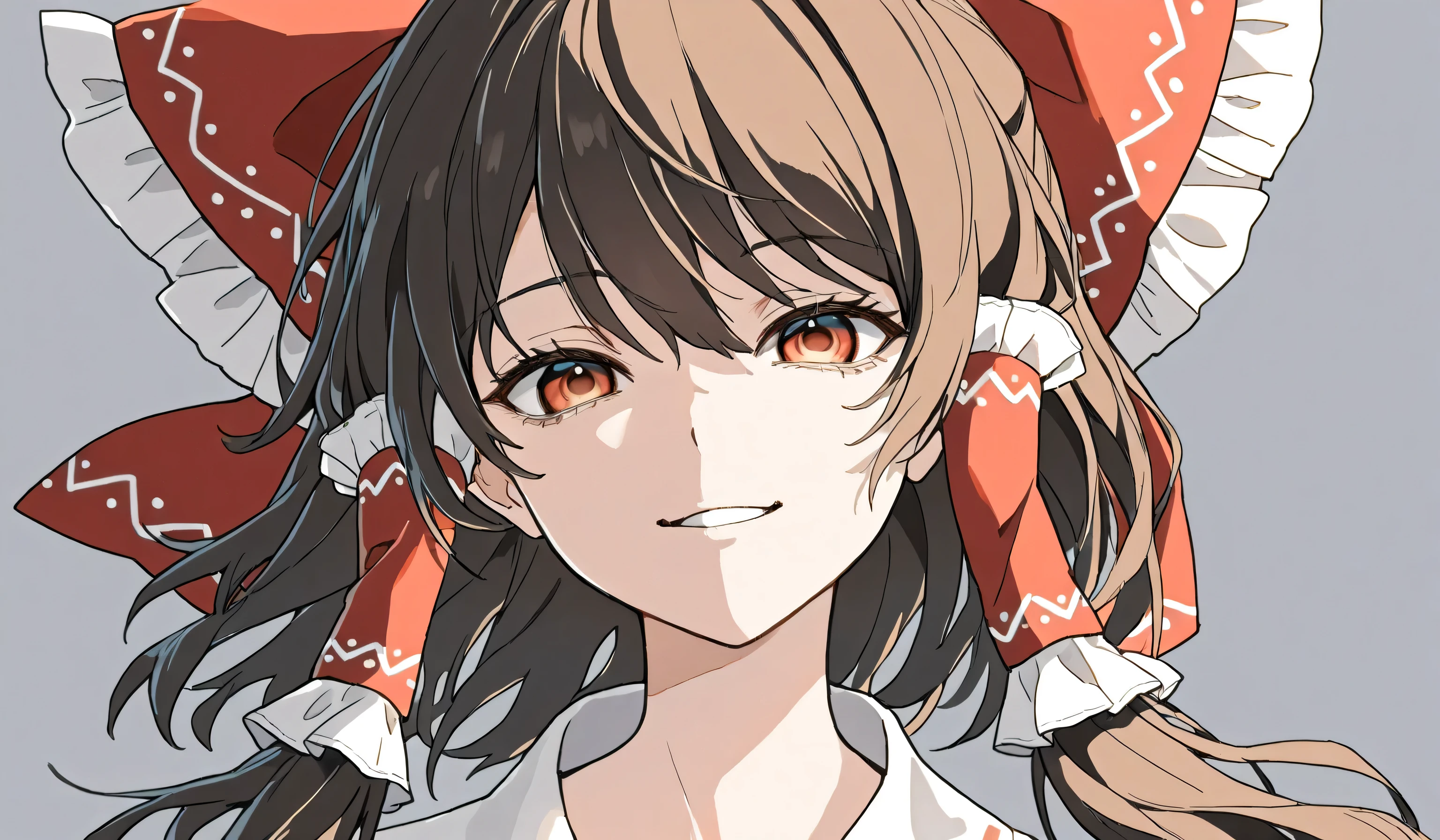 Reimu Hakurei、 brown hair, hair tube , hair bow, reddish brown eyes, beautiful and delicate eyes, best quality of wells,Superb product、 grey background。 illustration depicting a point of view from a distance of a few meters。solo。 illustration from the front。Open your eyes and smile fearlessly、The eyes are glowing。 illustrations that emphasize eyes 。