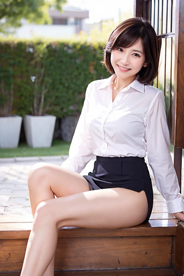 (squat:1.5),Business bag on shoulder,His shirt is flipped up and his belly button is visible,Hands in a natural pose,Wearing leather shoes,(Wearing a business shirt),Meeting Room,office,(The skin is wet from sweat),OL,looking at the camera,Cleavage,smile,Skirt Lift、Lift your skirt with your hands,woman, 20-year-old, Short Hair、bangs、(Black Business Skirt),(White lace panties)、Cute earrings,Natural sunlight