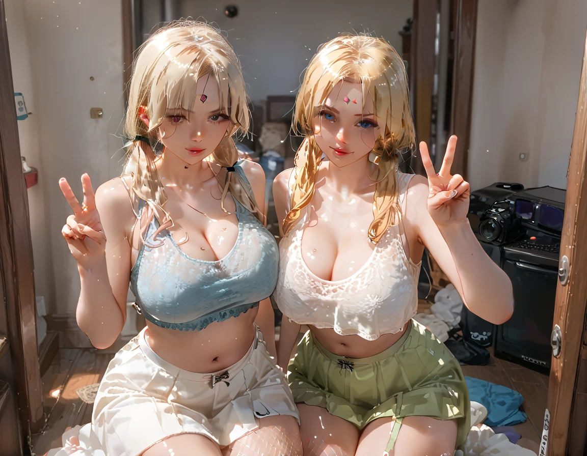 2 brunette Girls, Beautiful, Baby symmetric Face, ,,enormous Breasts ,((neglected )),,((very nsfw))((wearing a blue catholic  ))long curly and wavy Hair tied in a random hairstyle, adorable masterpiece ((yellow honey colored eyes)) , very thick hourglass figure body, closeup view ,,both looking at viewer.,in a nightclub
