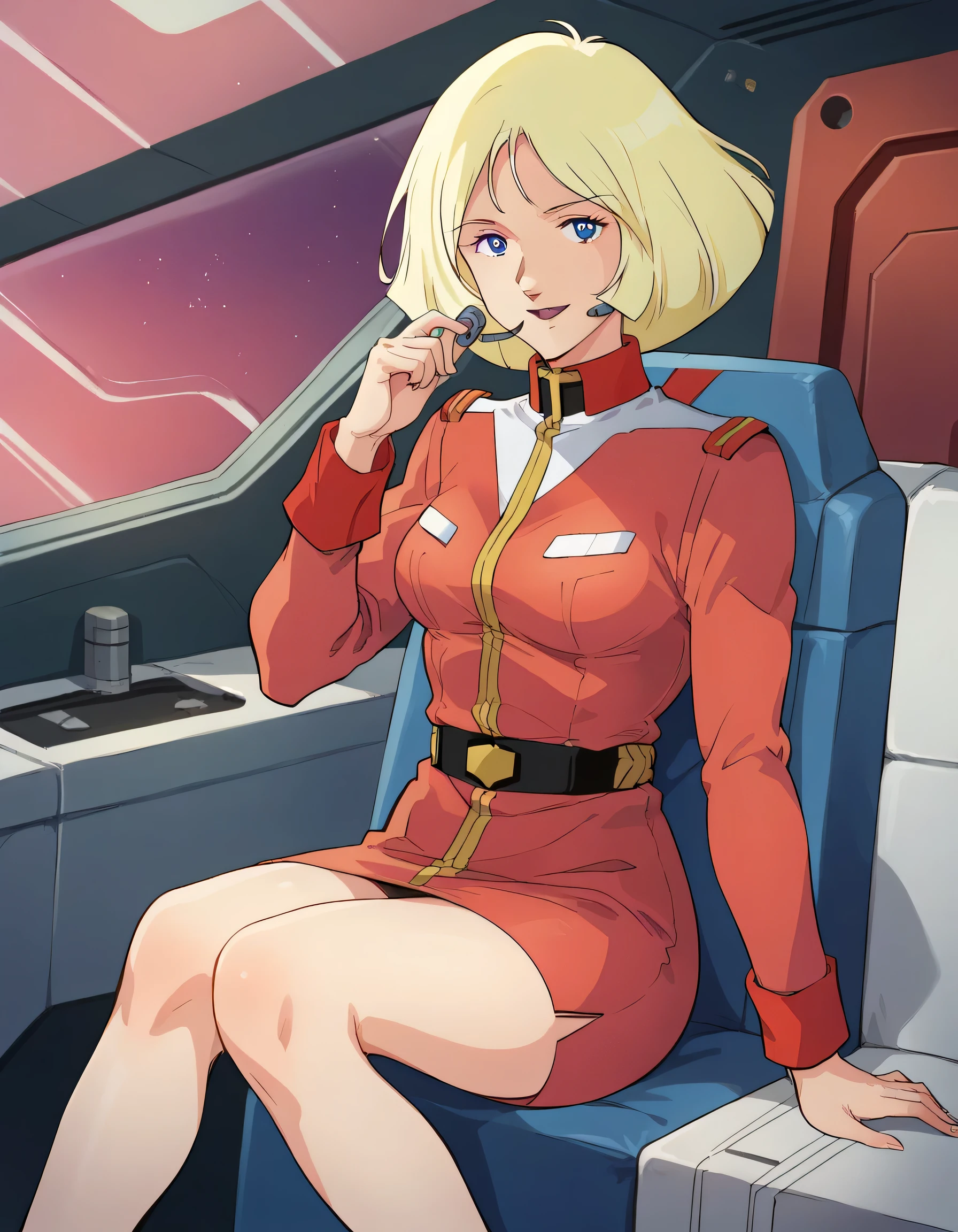 (score_9:0.0), score_8_up, score_7_up, source_anime, hd, highres,
BREAK
1girl, solo,
red military jacket, long sleeves, military uniform,mini skirt,
adjusting grey headset, hand up,
looking at viewer, kindly smile, parted lips,
seat, , science fiction, spacecraft interior, battleship bridge,
dk_sayla, 1980s \(style\), parody,