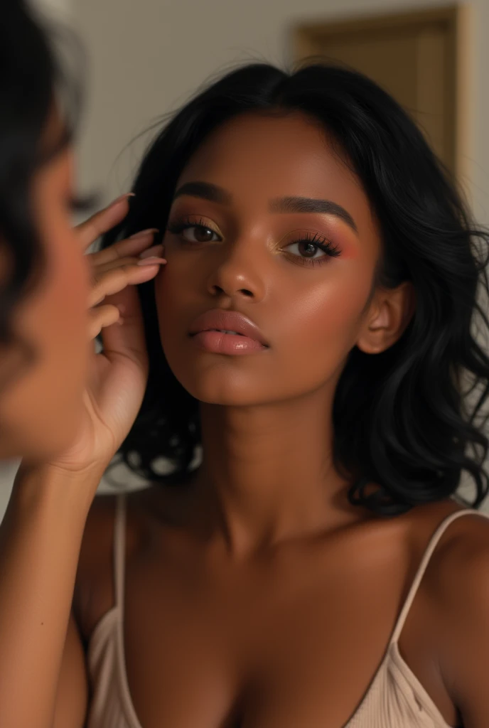 there is a black woman , the woman has curly black , she has brown skin, with dark brownish skin, with long curly, long black curly hydrated bouncy loose curls hair she is taking a selfie in a mirror ((she is slim thick))