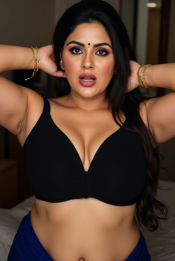 NSFW, HDR 8K , single tribal mom in a jungle, (Tall gigantic body of height 7ft ),pretty women , beautiful face ,  face expression  , women dressed in black saree, tan skinned mom , (( tall mom has voluptuous body, deep belly , curvy folded waist ,  face , cleavage facing visitor: 1.2 , )) , ((carring paddy bundle over the head)) , seduce , glomoures figure mom , full body . Transparent navel in saree ,clear wide eyes