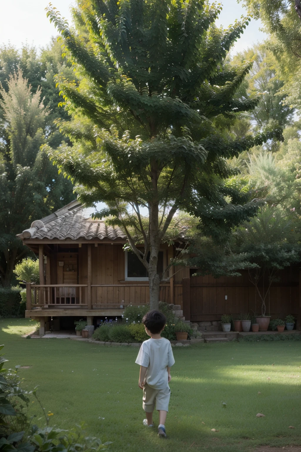 In this meticulously illustrated 16K Studio Ghibli-inspired image, a young boy sits with Pikachu in front of a rustic wooden house. The scene is painted with anime-style accents, highlighting detailed and distinctive shadows. The background features lush greenery, a variety of potted plants, and the background is lit with a warm, golden light, creating a magical and serene atmosphere. The overall composition captures a peaceful everyday moment in a tranquil and enchanting world, characteristic of Studio Ghibli's iconic style. The image has a nostalgic feel to it