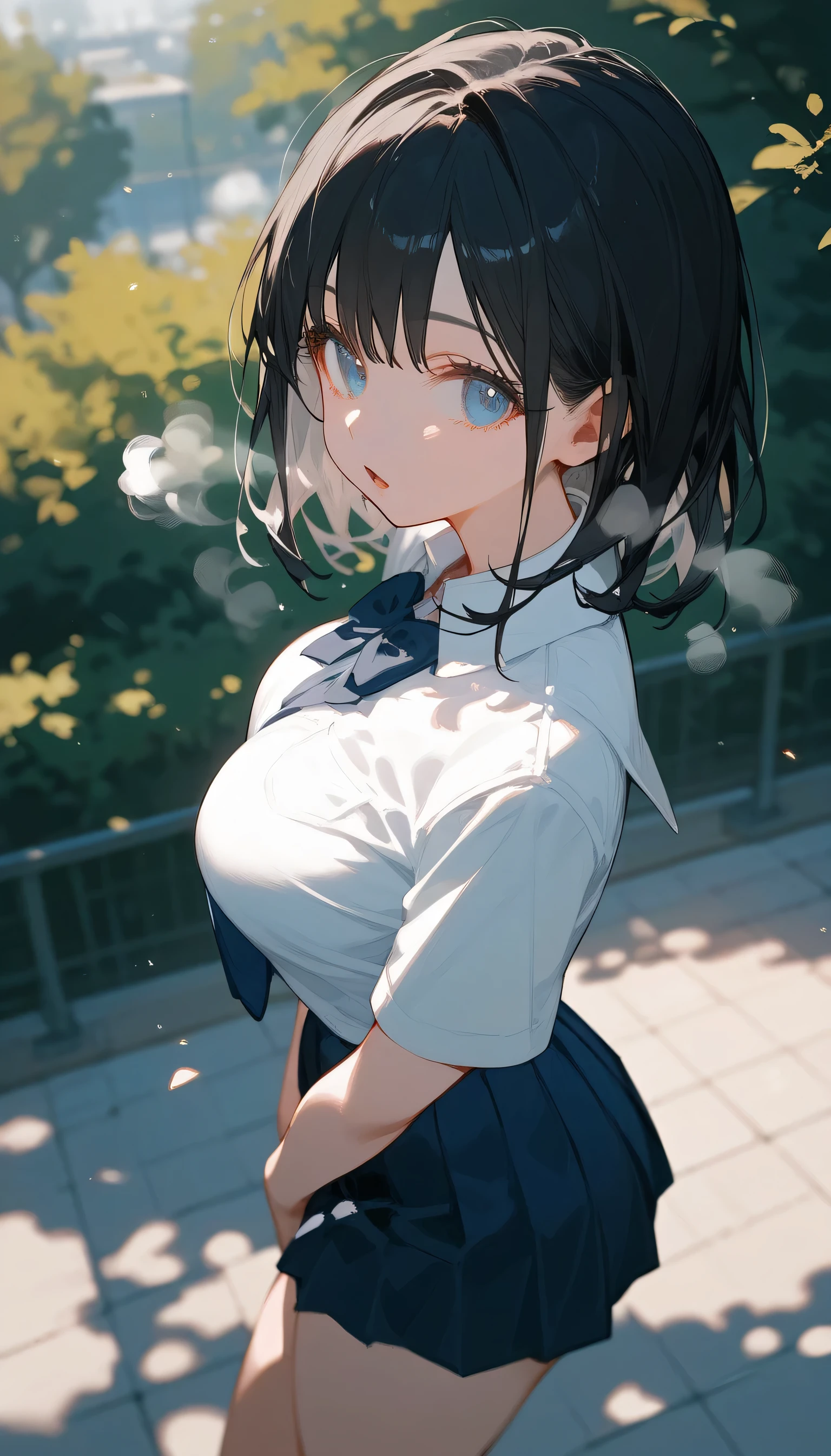(best quality), (Super detailed), (Best Illustration), (masterpiece), score_9, score_8_up, score_7_up, 4k, (nsfw), high contrast,
upper body, focus on breast, (1woman), (solo:1.2), (hands on breast), 

{(white serafuku), (bra lift), (show off breast:1.2), (show off nipples:1.2)}, (large breasts:1.2), 
{dark brown hair, (sideburns), (bob cut:1.3), curly hair, hairs between eyes, colored inner hair}, {(detailed eyes), blue eyes}, earring,
light smile, blush,

wind, (flower garden:1.2), 