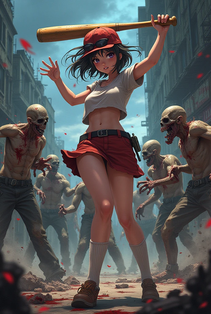 A cover image of a woman in a Thai school uniform fighting a horde of zombies in different clothes fiercely, blood splattered, with a baseball bat hitting the zombies&#39; heads. She&#39;s wearing tattered clothes. The scene is dark and atmospheric, with a realistic and fierce style. The background is an old Thai temple, with a broken down tuk tuk parked nearby.