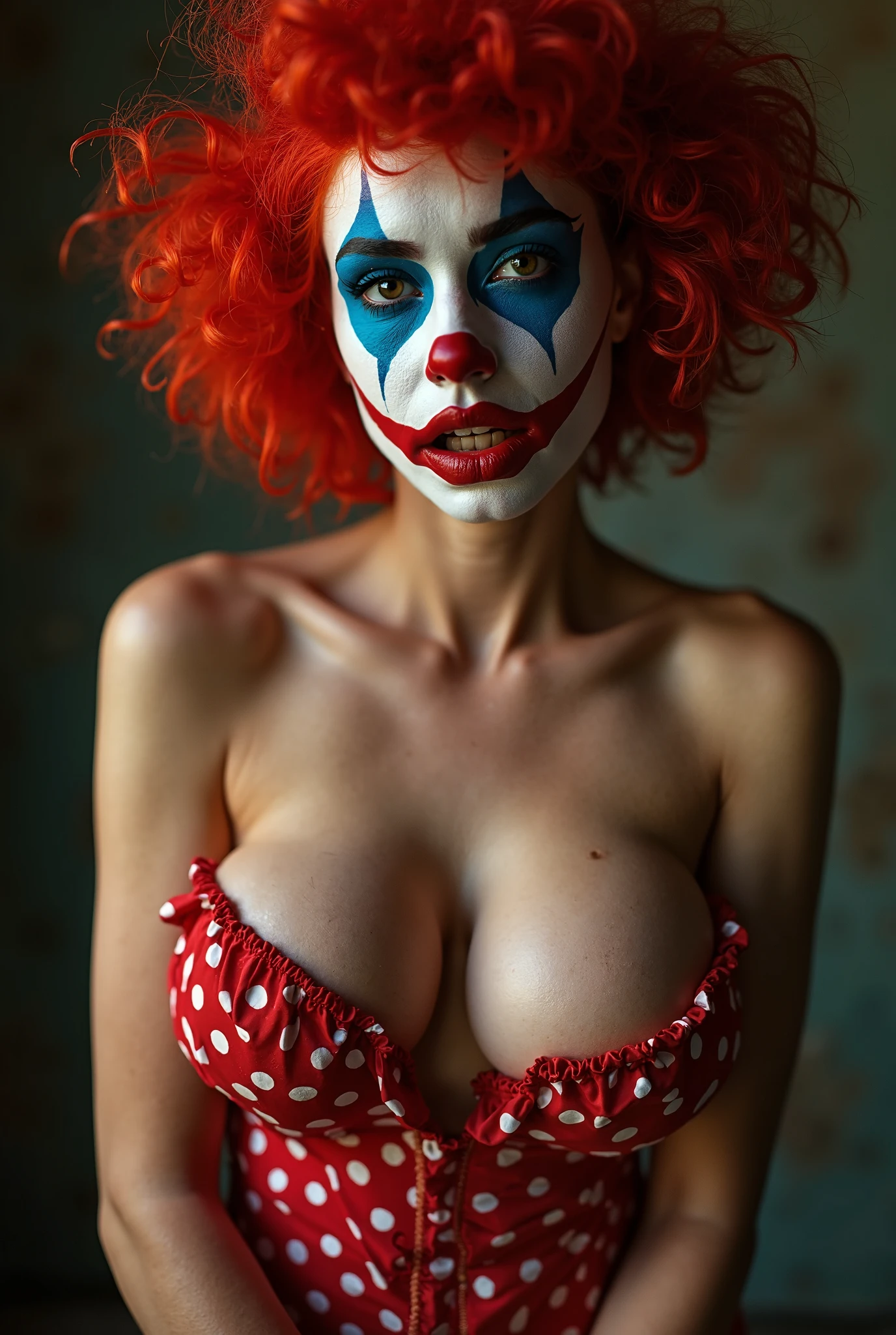 Arms up sweaty pits clown girl scary ghost girl naked girl big breast realistic details photo ahegao girl detailed armpit wrinkles detailed quality