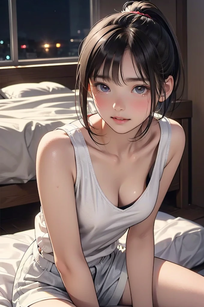 one-girl,White light short top,Beautiful face,Beautiful face with exquisite details,tmasterpiece,Lots of detail,Brightens skin,with short black hair,Short hair that exposes the skin,Mini shorts,Reveals a slender waist,Eyes with realistic details,Realistic pupils,(smallunderboob:1.0),(Thigh thick:1.0),Sit on the bed