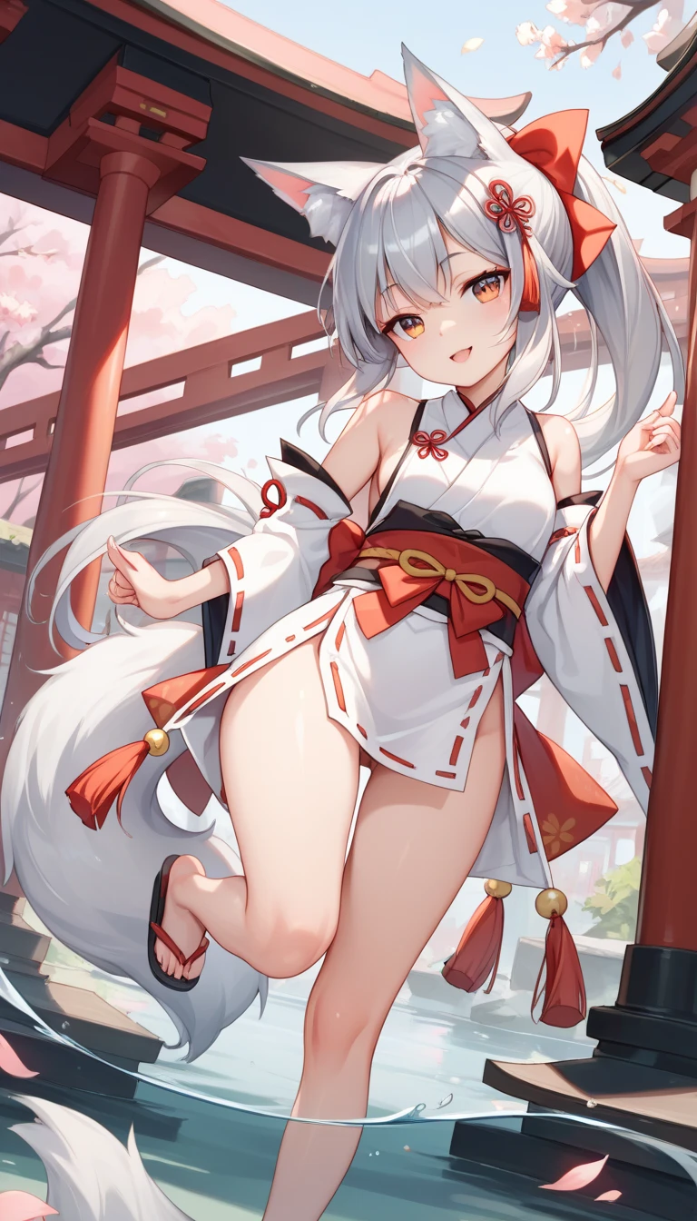 Chica Kitsune con un traje de sacerdotisa japonesa reveladora, sensual, orejas de zorro, sexy, Big ass, sonrojarse, in a Japanese temple, aguas termales.