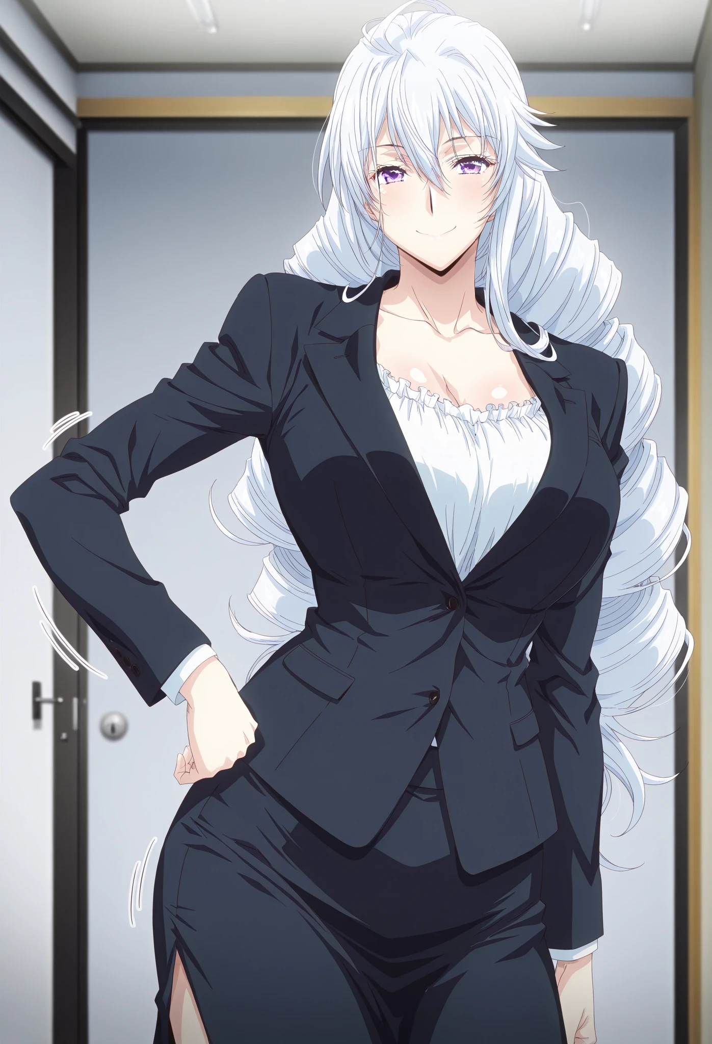 masterpiece, best quality, newest, highres, 1girl, yokota mamoru style,motion lines,Very straight nose,slim, slender face,perfect nose,smile Ritsuka Takesaka,white hair,long hair,rolling hair,purple eyes,suits,shirt,skirt, solo