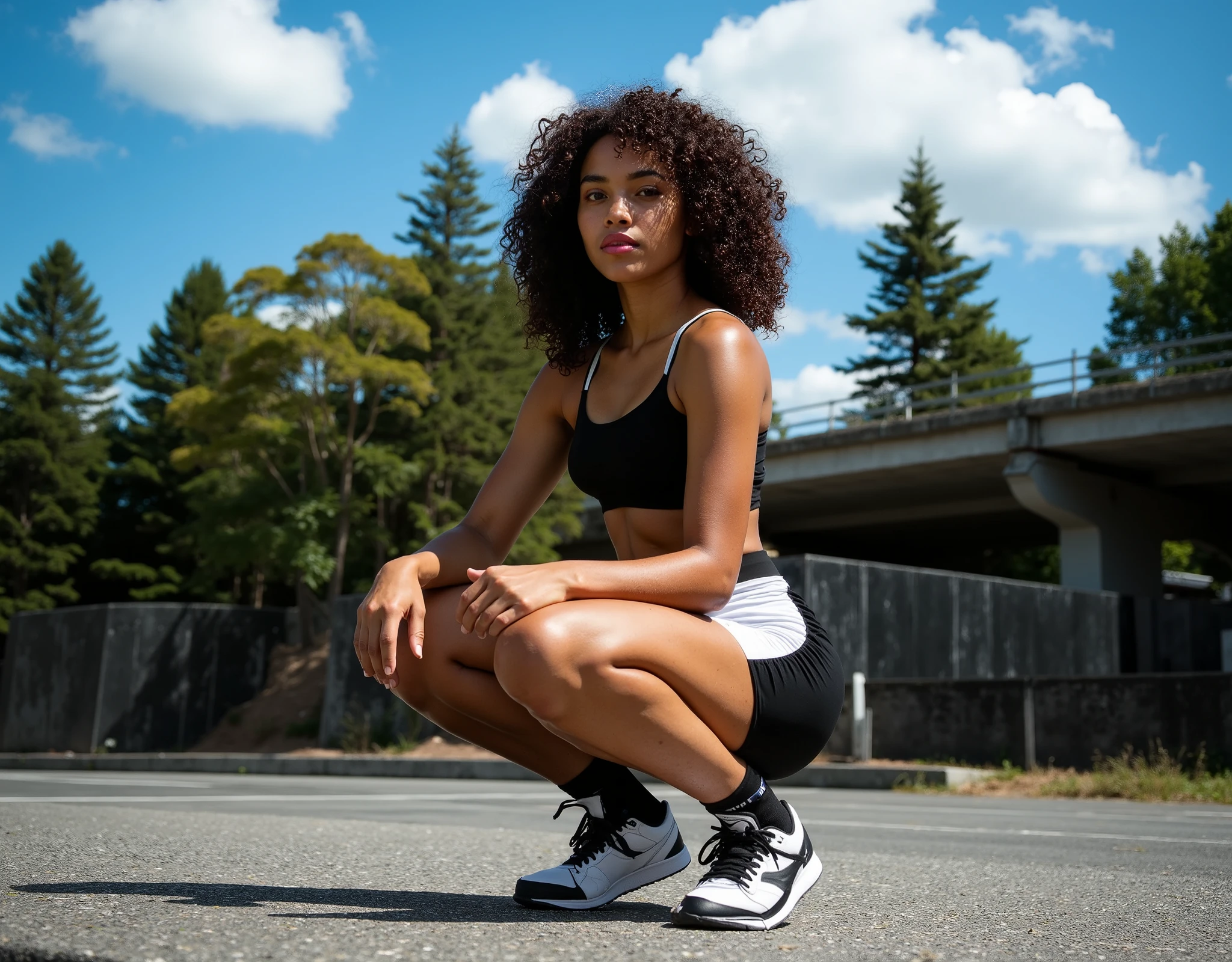 A professional photograph of a young woman with an athletic physique, glowing golden skin, voluminous curly dark brown hair cascading over her shoulders. She has striking, well-defined eyebrows, deep expressive eyes, and full lips with a natural sheen. She wears a modern sportswear outfit consisting of a black sports bra and high-waisted white shorts with a bold Nike-branded waistband, black and white high-top Nike sneakers, and black ankle socks. She is captured in a confident, urban-inspired pose, squatting with her heels flat on the ground, knees bent, and arms lightly extended forward. Her gaze is direct and assertive, her expression poised with a hint of mystery. The background features lush green pine trees contrasting against a dark concrete wall and an overpass, under a brilliant blue sky with scattered white clouds. Natural golden sunlight casts dramatic highlights and sharp shadows emphasizing her contours and outfit details. The image is hyper-realistic with high detail in textures, vibrant color balance, and a high-fashion editorial feel.