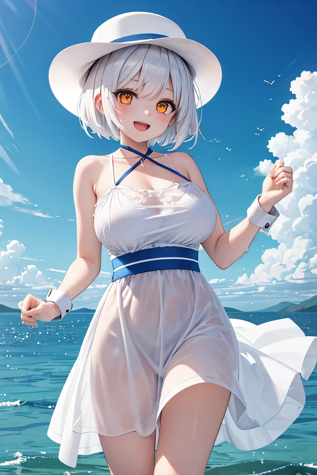 Holding the hat with both hands, Overlooking the sea, 1 Whole body of a girl, elvish, has silver hair, Red Eyes, bob cuts, Braided hair, summer  dress, robe blanche, frilld, a straw fedora hat, Seaside city, concept-art, beautiful anime scene, Beautiful anime scenery, beste-Qualit, ​masterpiece