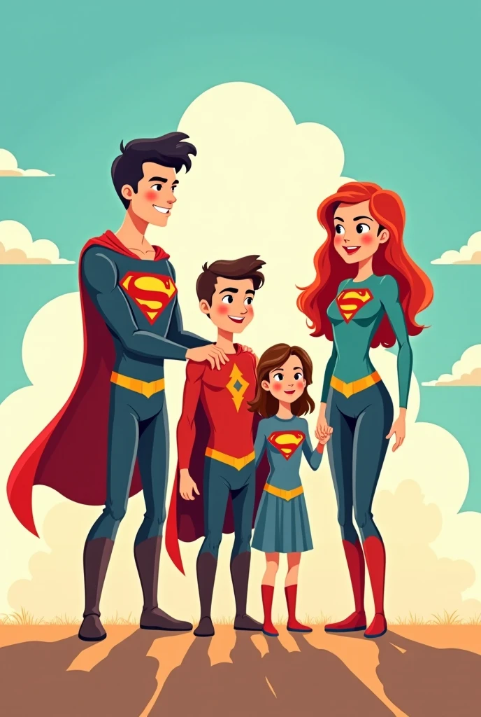 Create the image of Kara Zor El, the super girl, next to her wife Akai, a woman with curly red hair and green eyes, and her twin sons, who are a mix of the two in appearance, they are two boys. Put wife Akai in the photo. It is a family photo.