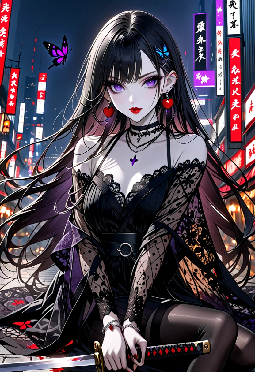 1girl, Goth girl,
Goth girl 1girl, black lips, goth makeup, long hair, tattoos, big breasts, grin