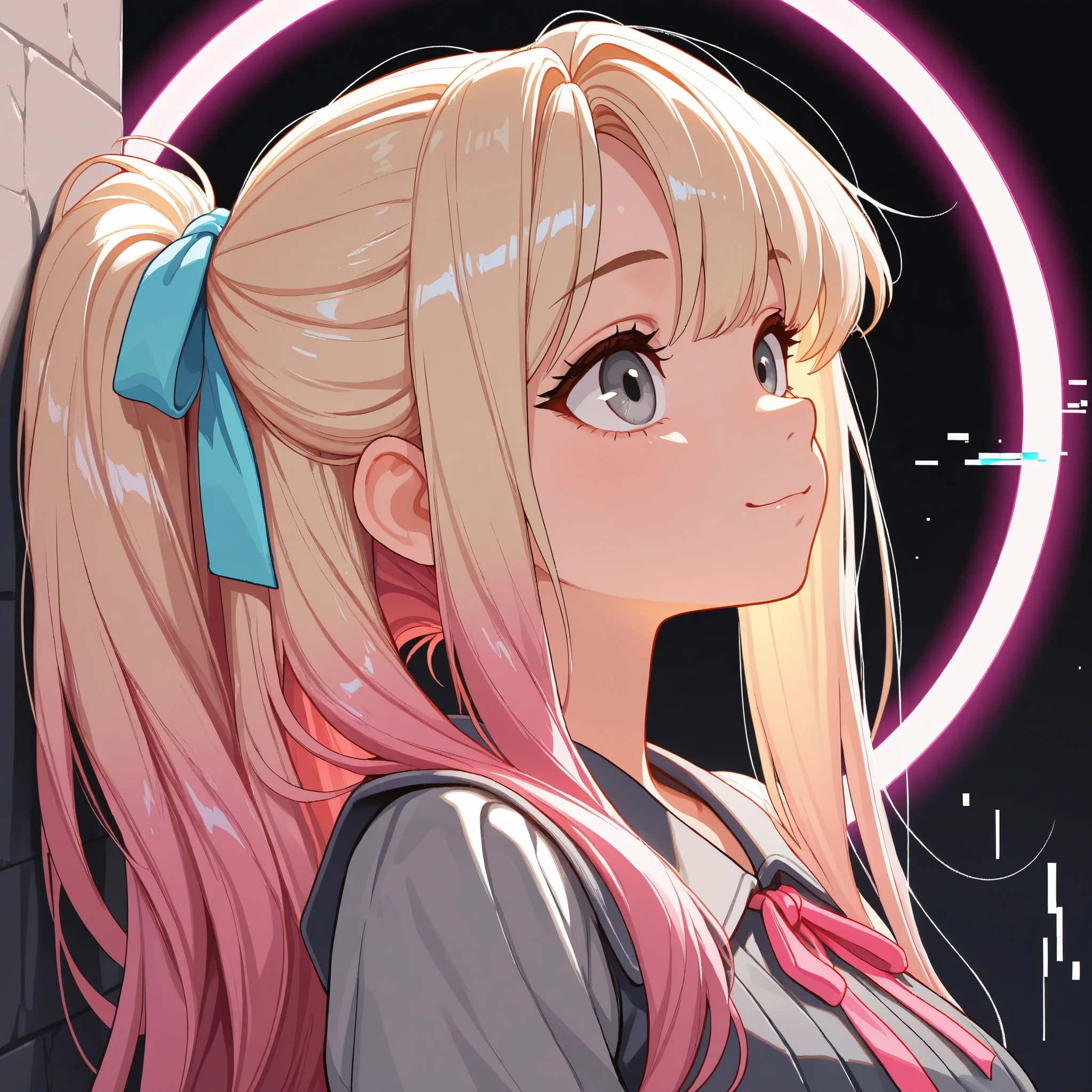 1 Girl, Face, portrait,  View Guest, 
 masterpiece,  Best Quality ,amazing quality, is very beautiful, colored ribbons wrapped in an absurd , latest, eye for detail,
Miss, Gray eyes, blond, pink hair , multicolored hair ,  bangs, asymmetrical  bangs, bangs, very long  bangs, hair fall into Face,  half up  , ponytail on one side ,  long hair, 
 Leaning against the Wall ,  happy ,
 wearing a pleated dress, 
Face focus, side view,  upper body view ,  dynamic angle, 
Circle,  black background ,  abstract background ,   minimalist composition  ,  tangled composition ,  Background details,
 pink neon light ,  light source on one side , shadow,
Glitch Art