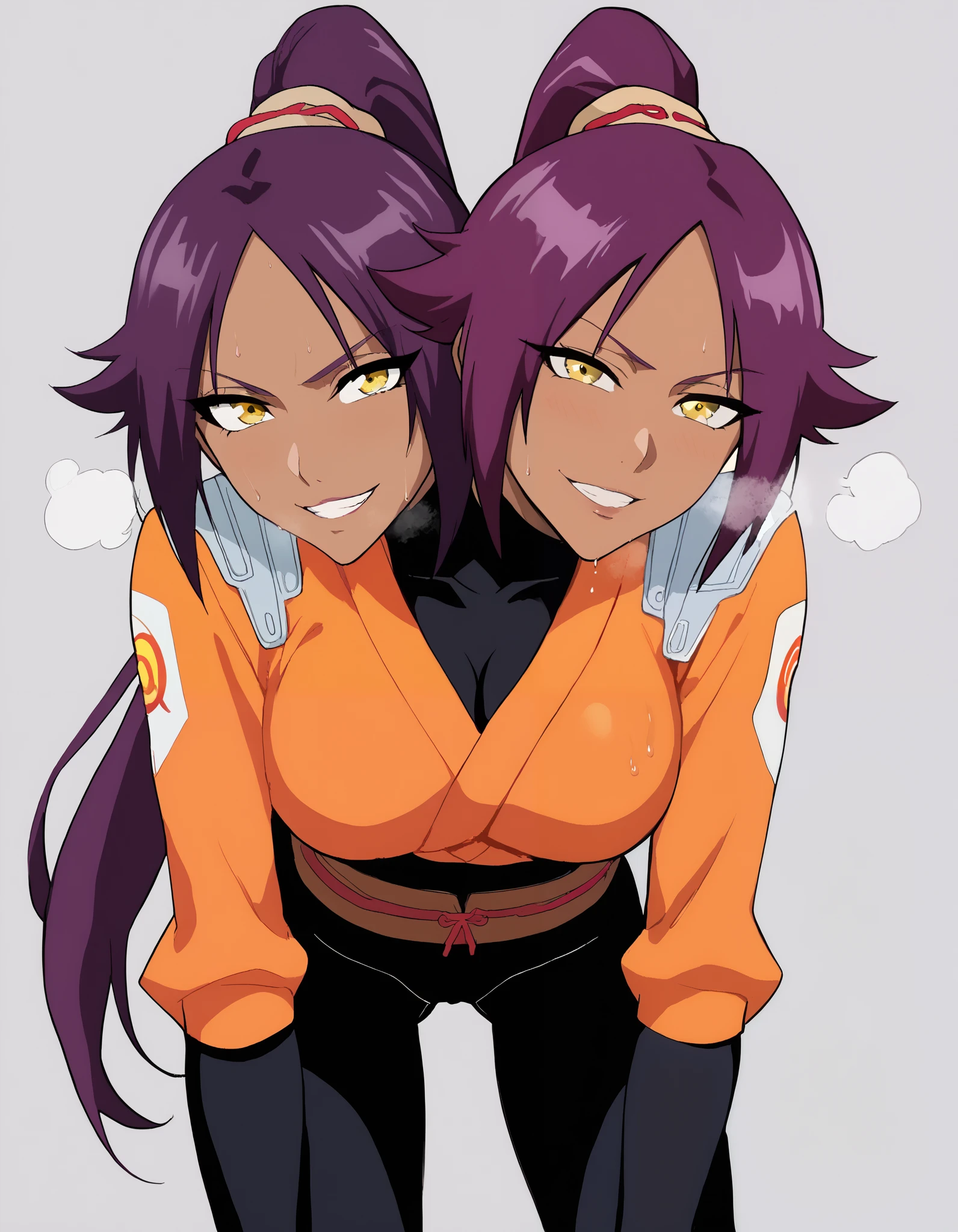 conjoined, anime woman with two heads, score_9, score_8_up, score_7_up, source_anime, yoruichishihouin, yoruichi shihouin, long hair, yellow eyes, ponytail, purple hair, dark skin, dark-skinned female, bodysuit, black bodysuit, orange jacket sleeves , bent forward, , looking at viewer,, gray background, panting breath, sweating, different facial expression