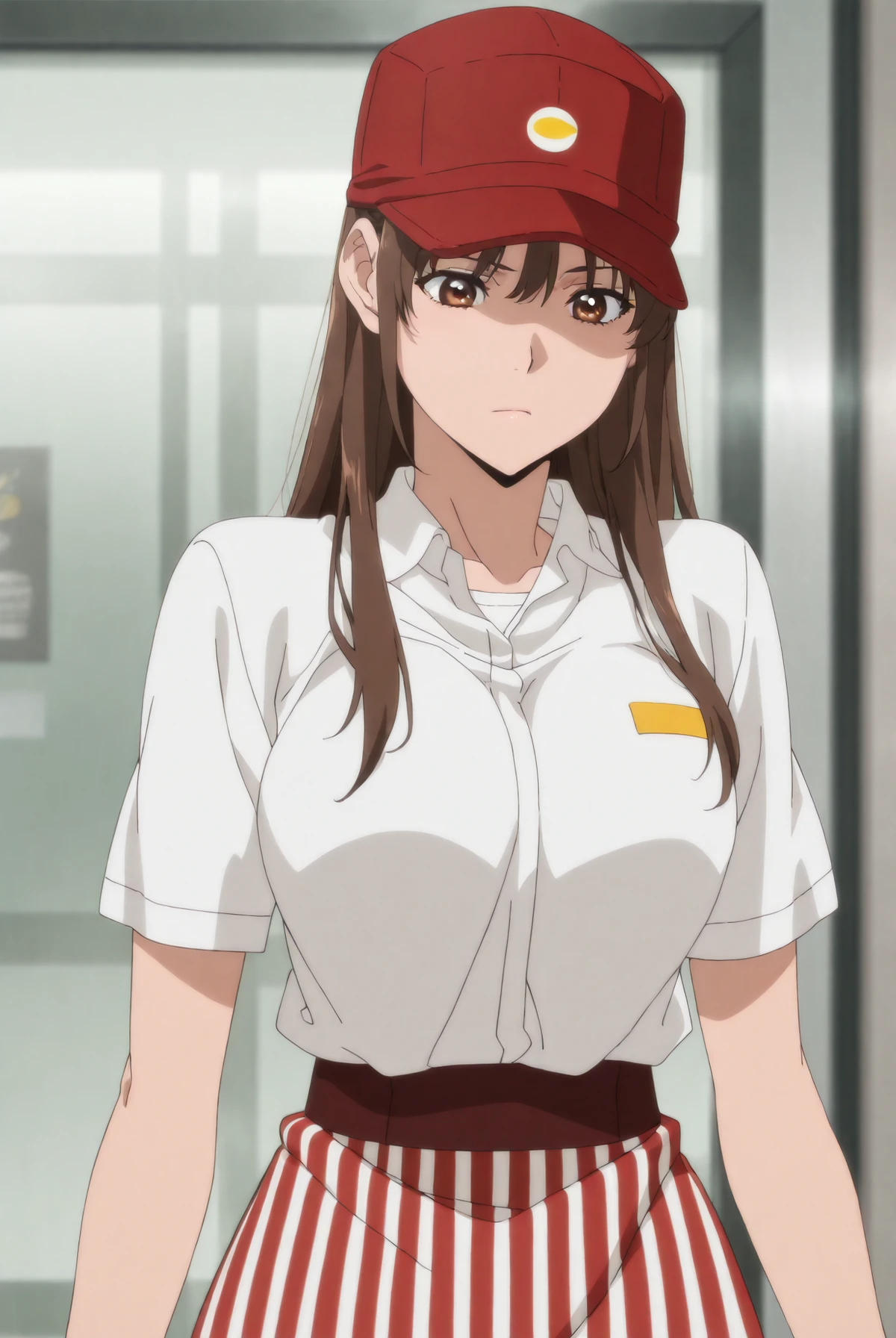 Masterpiece, best quality, source_anime, anime screencap, anime coloring, anime screencap,1girl,solo,brown hair, long hair, brown eyes,employee uniform, red headwear, baseball cap, white shirt, collared shirt, short sleeves, high-waist skirt, red skirt, striped skirt, miniskirt