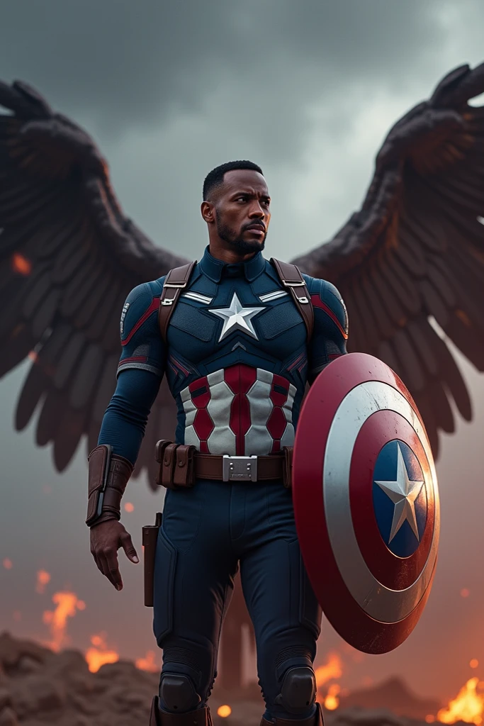 Black american man in samurai armor, cybernetic feather wings, sport sunglasses, captain america color scheme