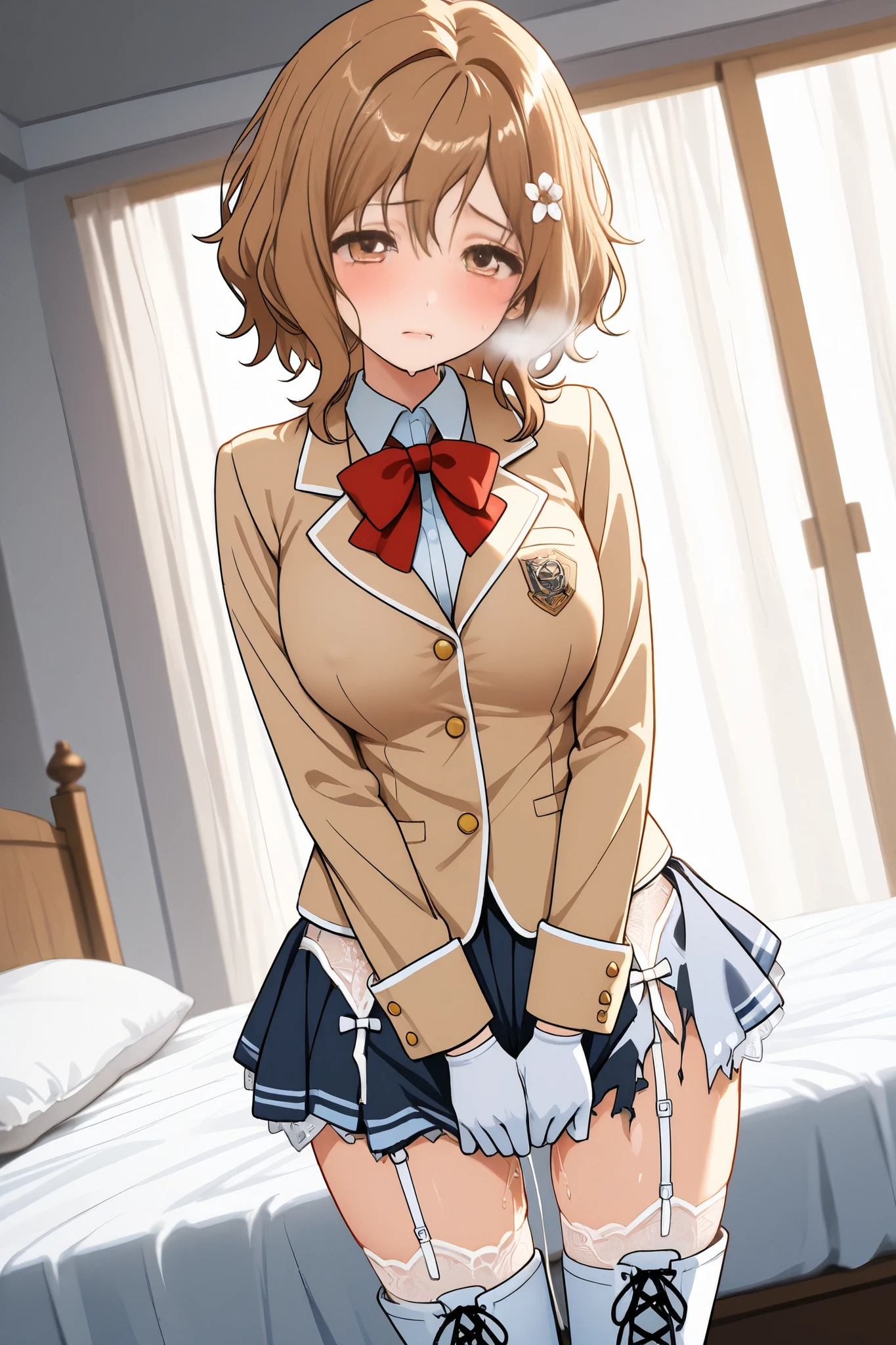 ohana_matsumae,1 female,solo,
short hair,brown hair,hair ornament,
brown eyes,flower,hair flower,
stupid hair,long hair,
pretty,large breast,nipple,
looking at viewer,I can see panties,
dutch angle,cowboy shot,
sad,tearful eyes,tearful face,blush,sweat,drool,
white breath,
Incontinence,ecstasy,orgasm,climax,
feeling sexual pleasure,intense breathing,
torn clothes(1.3),terribly torn clothes,
beige blazer(1.3),school uniform,
white lace up boots,thigh-high boots,
white garter belt & stockings,high heels,
white panty,miniskirt,
white gloves,
beautiful legs,thin thighs,thin calves,
nallow waist,butt close-up,
perfect face,beautiful skin,
anatomically correct,
masterpiece,highest quality,
high resolution,high definition,
ultra-detailed,anime,
indoors,on bed,bed room