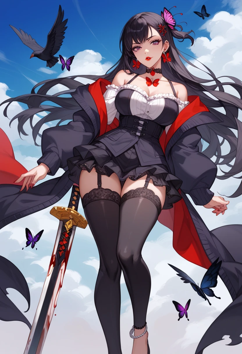 AkagiV5, 1girl, solo, looking at viewer, smile, skirt, simple background, thighhighs, gloves, long sleeves, big breast, cleavage, full body, pleated skirt, japanese clothes, black gloves, black thighhighs, wide sleeves, kimono, red skirt, black background, aircraft, airplane, black kimono, flight deck,<lora:AkagiV5:0.8>,, ((8k : 2, masterpiece : 2, (anime : 1.1) | (anime_impasto : 1.4), best quality : 2, (soft lighting : 1.2) | (soft shadow : 1.2)), ultra_detailed : 1.5, (full emotion : 1.2) | (beautiful seductive figure : 1.25), (solo : 1.3 | (extremely beautiful : 1.2))), (skindentation : 1.2), good hand, good anatomy, shiny skin : 1.2