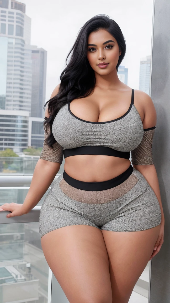 "An ultra-detailed 8k masterpiece best quality and high saturation. The image features a clothing illustration with a stunning thick european girl wearing a tight sheer leggings outfit, including tight open shirt, F cup, white sneakers, and a blue background."