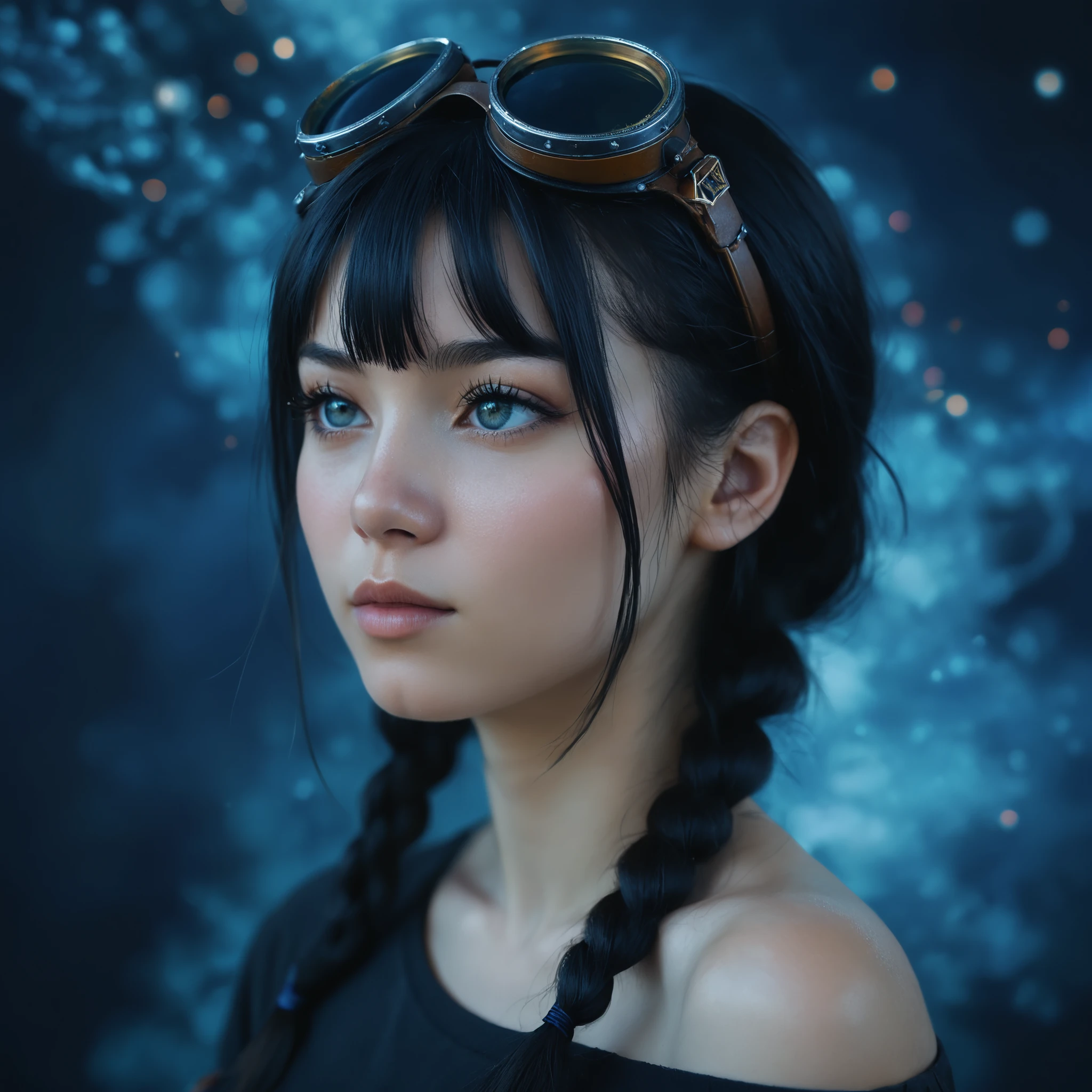 A detailed portrait of a  DJ Japanese woman looking to the side. She has dark blue-black hair styled into two French braids on the sides, with a perfectly straight fringe cut at forehead level. Her eyes are sharp and an intense sky-blue color. She wears simple steampunk goggles resting on her forehead. Her skin appears completely natural, with no makeup on her lips. She is dressed in a simple black t-shirt that exposes her shoulders, contrasting against a cosmic background with deep blue and black tones. 