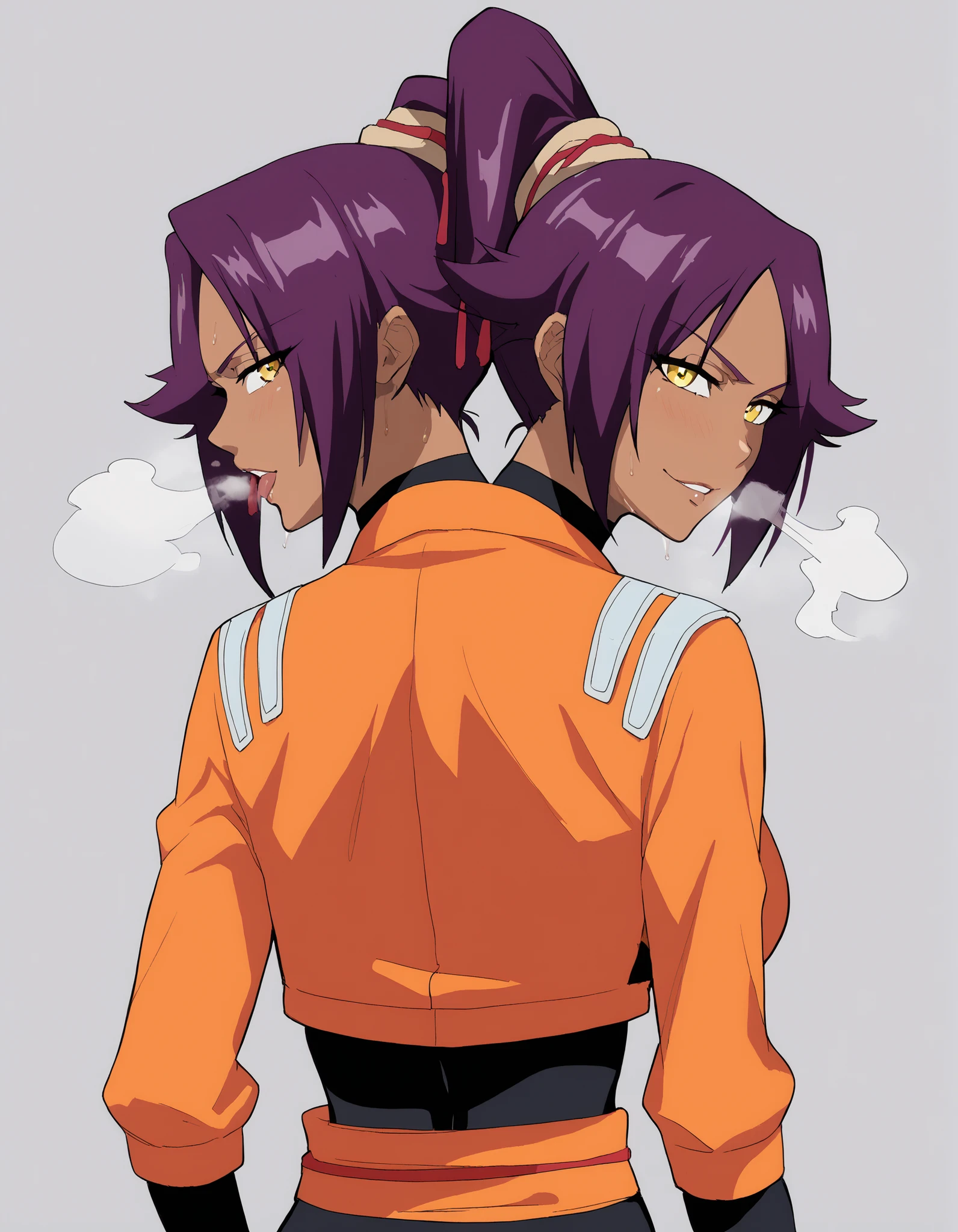 conjoined, anime woman with two heads, score_9, score_8_up, score_7_up, source_anime, yoruichishihouin, yoruichi shihouin, long hair, yellow eyes, ponytail, purple hair, dark skin, dark-skinned female, bodysuit, black bodysuit, orange jacket sleeves , ,back view , looking backwards at viewer,, gray background, panting breath, sweating, different facial expression