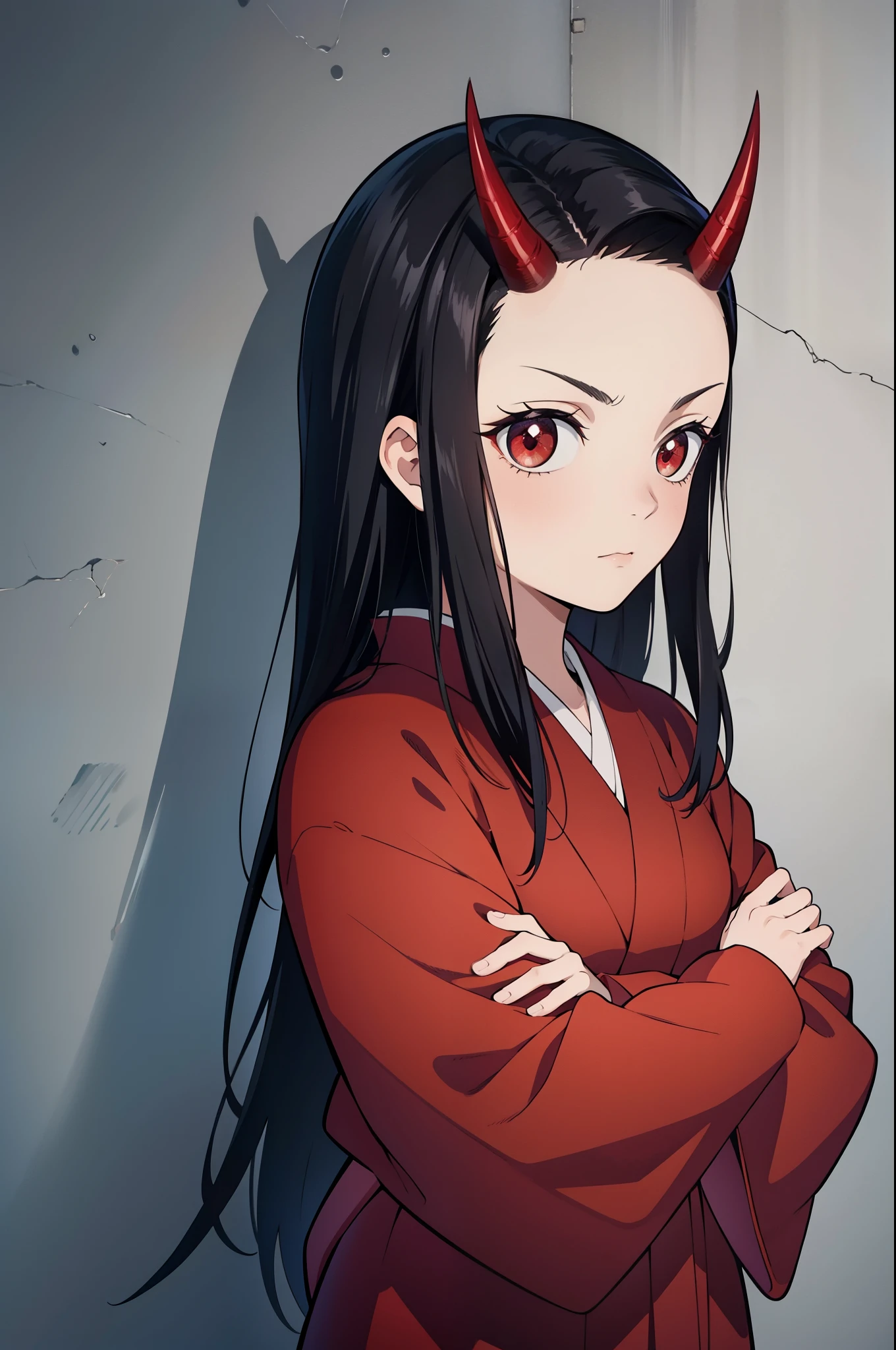 (masterpiece, best quality:1.2), kimetsu no yaiba style, kiyomi, (upper body, portrait, front view), (1girl, solo), (black long hair, straight hair, forehead), (red demon horns, red eyes), (worried expression, looking at viewer), crossed own arms , kimono, standing in the Japanese old style room