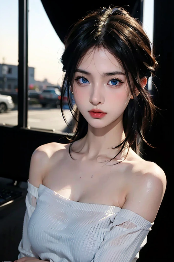 Urban beautiful girl college student, masterpiece, light makeup, Red lips, Silver Hair, Over a wide area of disturbance, Street Background, beautiful, elegant. Extremely fine detail, masterpiece, Authentic texture, Realism in film lighting, Perfect job, 16k, High resolution, exquisite features,blue eyes、Japanese Idols、Beautiful face、nice smile、Next to the chestnuts、beautiful hair、Horse tail、Charm、 Large Breasts、Erect nipples fat muscles、Glowing Skin、Sunburned skin、Shiny black skin、Sexy knitted sweaters, Big, bright eyes, Soft Skin, Earrings, collar, tattoo