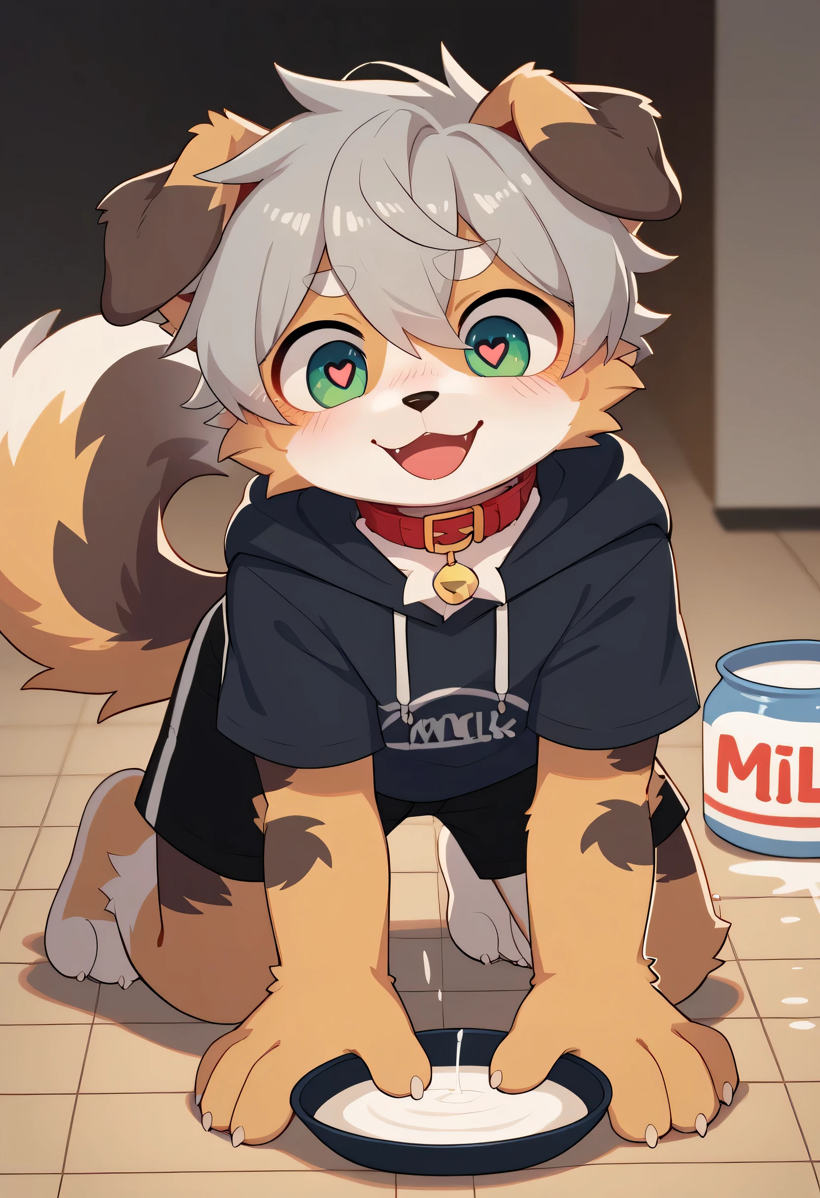 very well detailedな, very well detailed, Australian shepherd fur ,,Gray Hair,male, excited to look at the bones , Australian shepherd fur, excited,Participation, cute face,Black nose ,nose,(Milk in dog dishes)Show me your legs ,Horny Male ,Get on all fours and lick a plate, red collar on the floor,Cute ears ,Fluffy ears ,Fluffy ears,Put it in the cage , red collar on the floor,Male ,Male , heart eye ,Horny Male , blush nose , alone, droopy ears, black shorts, Black Short Sleeve Hoodie