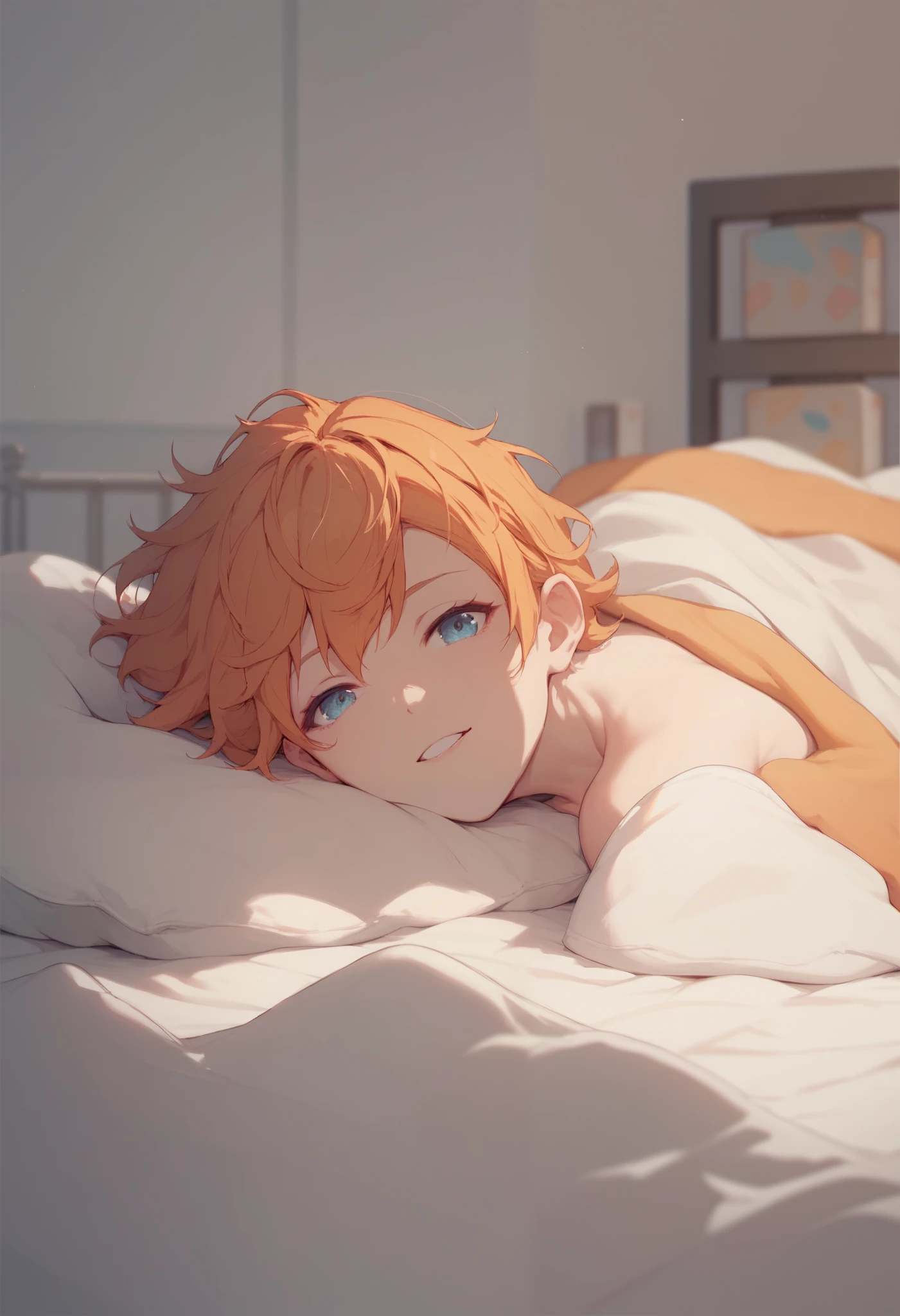  orange hair, two blocks,Light blue eyes,clavicle, bed,blanket