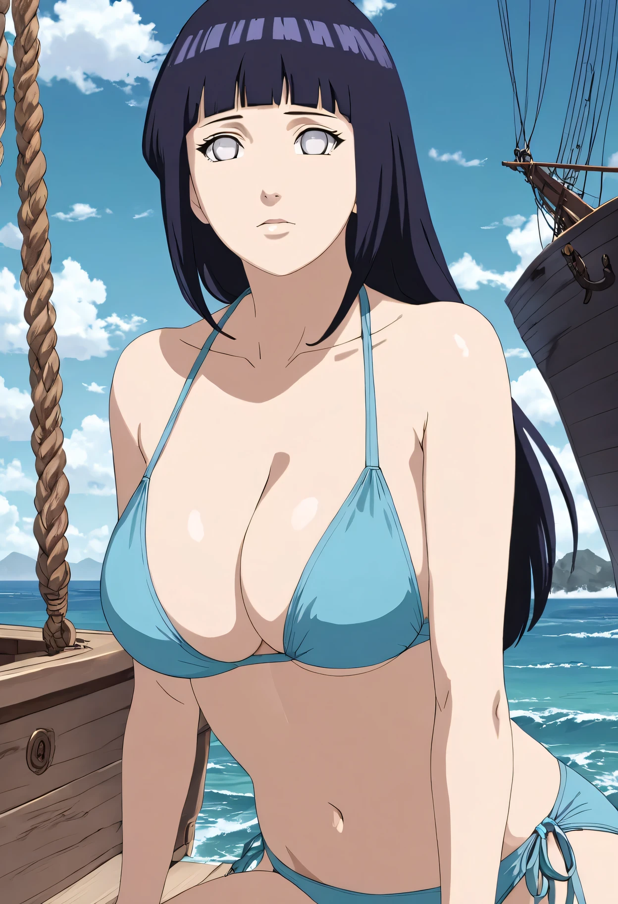 , ((Hinata Hyuga:1.3)), (Masterpiece), Top Quality, Expressive Eyes, Perfect Face, Front Light, 16th Century, (Outside Background of Wooden Sailing Ship at Sea), (Fascinating Look), (Chest cleavage), (1 girl, MILF, Latina), black hair, long black hair , flat straight hairstyle, white eyes, slim body, curvy body, big breasts, boobs, big cleavage,((((colorfull sky blue bikini:1.2)))),sitting sideways,upper body Closeup