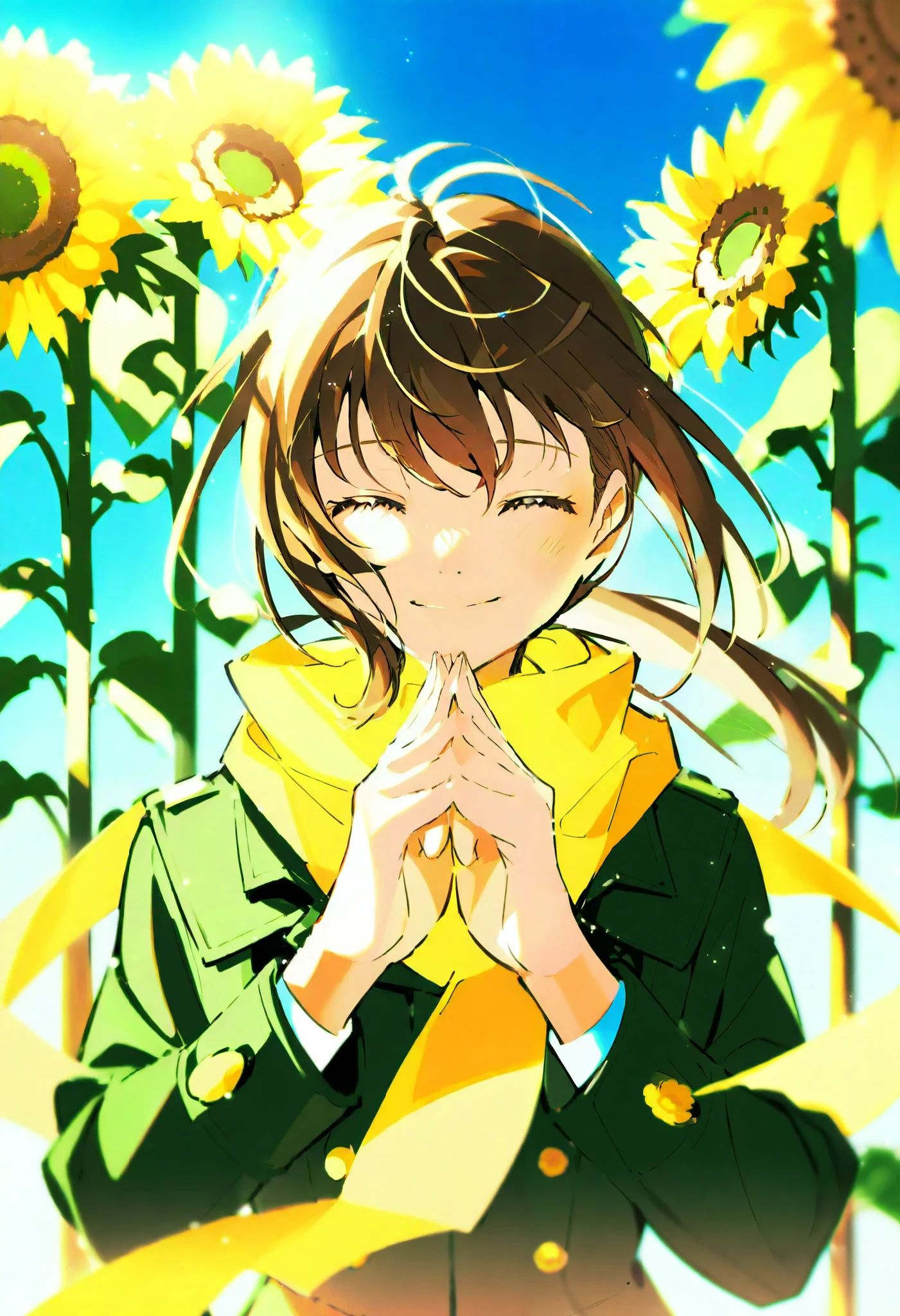 Sunflower 1 .2,of，  cute beautiful girl，单人 独自of,  upper body,  blurry， brown angled ponytail ， closed eyes ， place your hands together on your chest，Blue sky， sunshine，Smile，Light Particles，Gold scarf， dark green trench coat， Brown Hair 