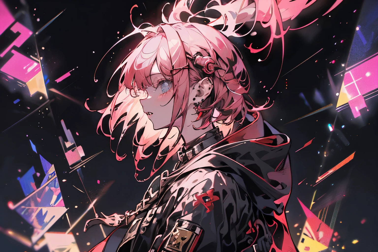 ( masterpiece,   top quality,   top quality,   Official Art,   beautiful 、Sophisticated:1.2), ( One girl's :1.3),   very well detailed,(  fractal art :1.1),(  colorful :1.1), highest resolution , (   glowing cityscape against a background of neon lights :1.3), (  Shiny Skin), ( multicolor:1.4), ,(  Women's Single Earrings :1.4), ( white short hairs ),( black long hair)( cyber dress  )(Singing )( headphones)( Open Your Mouth) ( head-mounted display to adjust goggles), ( low angle)(Electro)(floating display background) blue eyes, (profile)