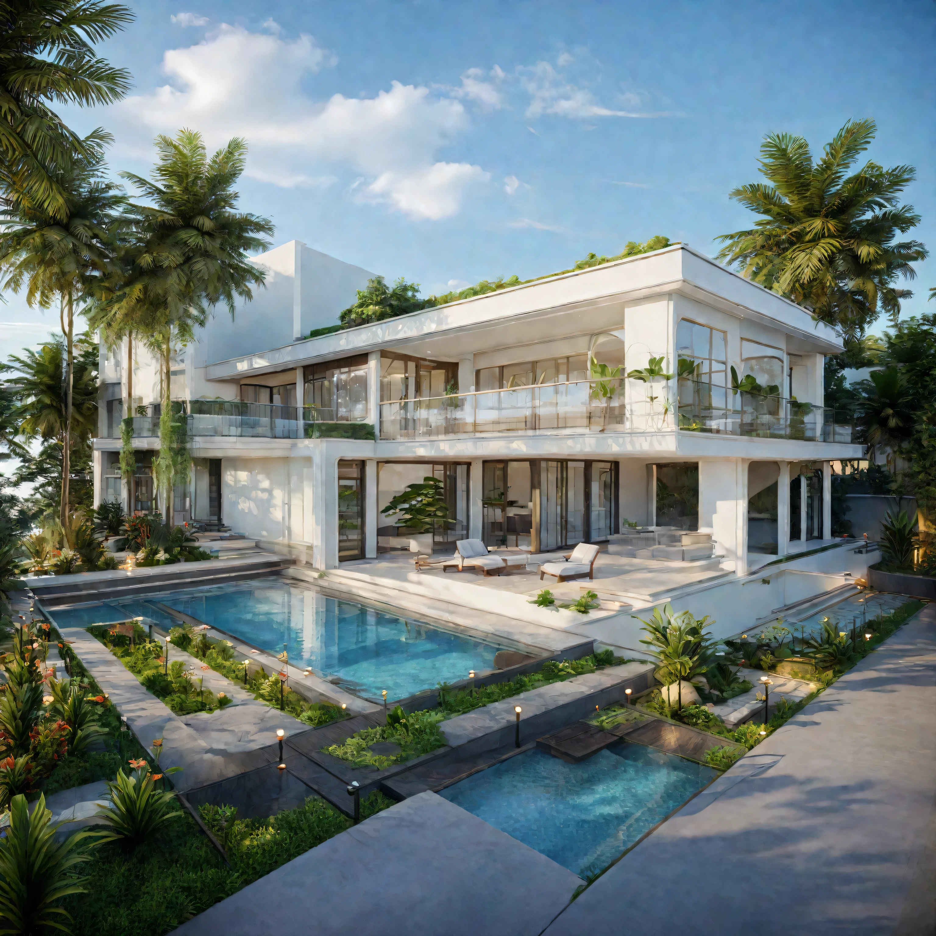 exterior of luxury villa, style modern with pool, streetcapes, clear sky, few cloud, interior warm lighting, morning sunlight,minimalist landscaping, featuring lush greenery, textured walls, and natural materials. The villa is set under a blue sky with scattered clouds, casting soft shadows, photorealistic rendering with high realism, (RAW photo, masterpiece, best quality,ultra-detailed, extremely delicate and beautiful, highresolution, best shadow:1.1)