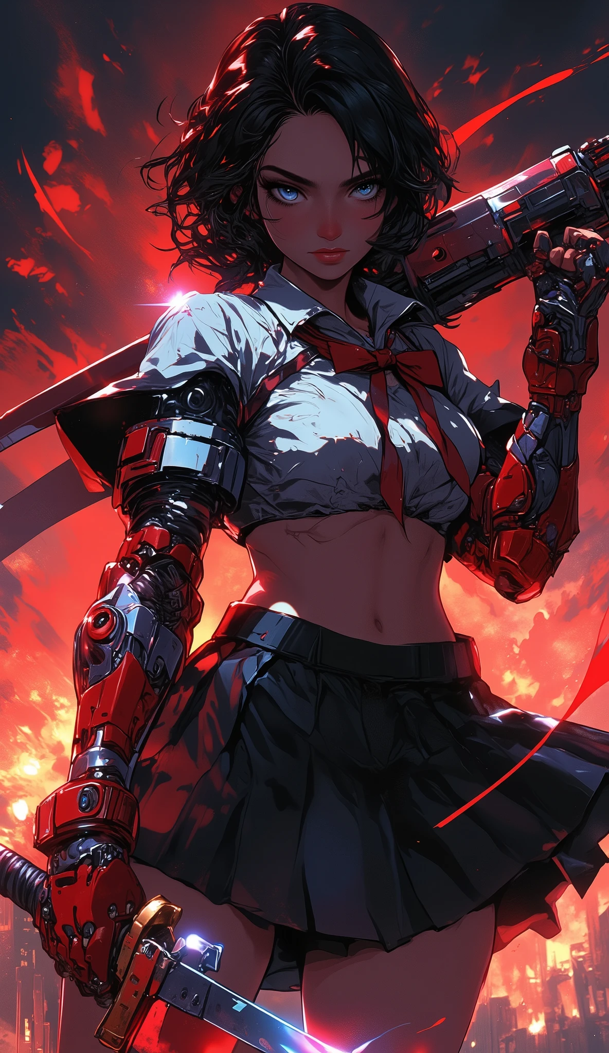 An anime and highly detailed digital painting of a cybernetic schoolgirl warrior in a dark, intense anime-style setting. The scene is captured from a **low-angle, slightly tilted perspective**, emphasizing her dominance and power while subtly revealing her curves. Her **chest is partially visible**, with the fabric of her cropped school uniform slightly lifted, exposing her toned midsection and highlighting the soft, natural curves of her silhouette.
She has **shoulder-length black hair with sharp bangs**, deep blue glowing eyes, and a mix of fierce determination and melancholy in her gaze. She wears a classic **Japanese school uniform (seifuku)**: a slightly torn white blouse with a red ribbon tied at the front, and a short pleated skirt revealing toned thighs. Her left arm is **cybernetic**, composed of sleek **red and silver mechanical plating** with intricate details, while her right hand, also cybernetic, firmly grips a futuristic katana with a **crimson blade** wrapped in a white-and-red hilt.
The background is an **apocalyptic sky with swirling red and black clouds**, casting a dramatic and eerie atmosphere. The lighting is **cinematic and high-contrast**, enhancing the metallic reflections on her cybernetic limbs while soft light accentuates her skin. The image exudes a mix of **cyberpunk aesthetics and dark anime fantasy**, with ultra-realistic textures, **sharpened anime-style facial features**, and a striking blend of warm and cold tones.
The composition balances **power and seduction**, with a mix of sharp details and soft shading to enhance depth. The **camera angle**, lighting, and **slightly exposed midriff and curves** contribute to the sense of dominance, beauty, and danger.