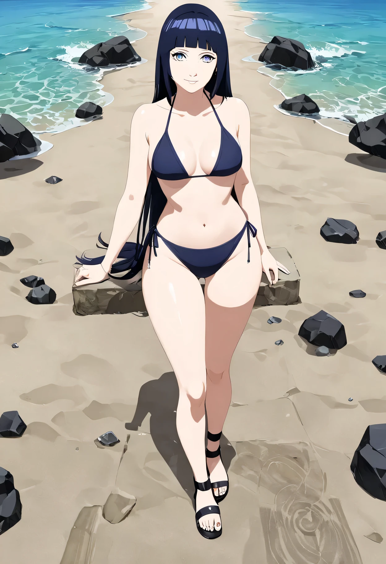 (masterpiece), 1girl, solo, best quality, expressive eyes, perfect face, retro artstyle, (white skin), very long hair, (forehead), messy hair, black hair, large breasts, slim body, young woman BREAK :o, black bikini, lineart, (greyscale, monochrome), (white skin), looking at viewer, blue eyes, beach, outdoors, ocean, sitting on rock