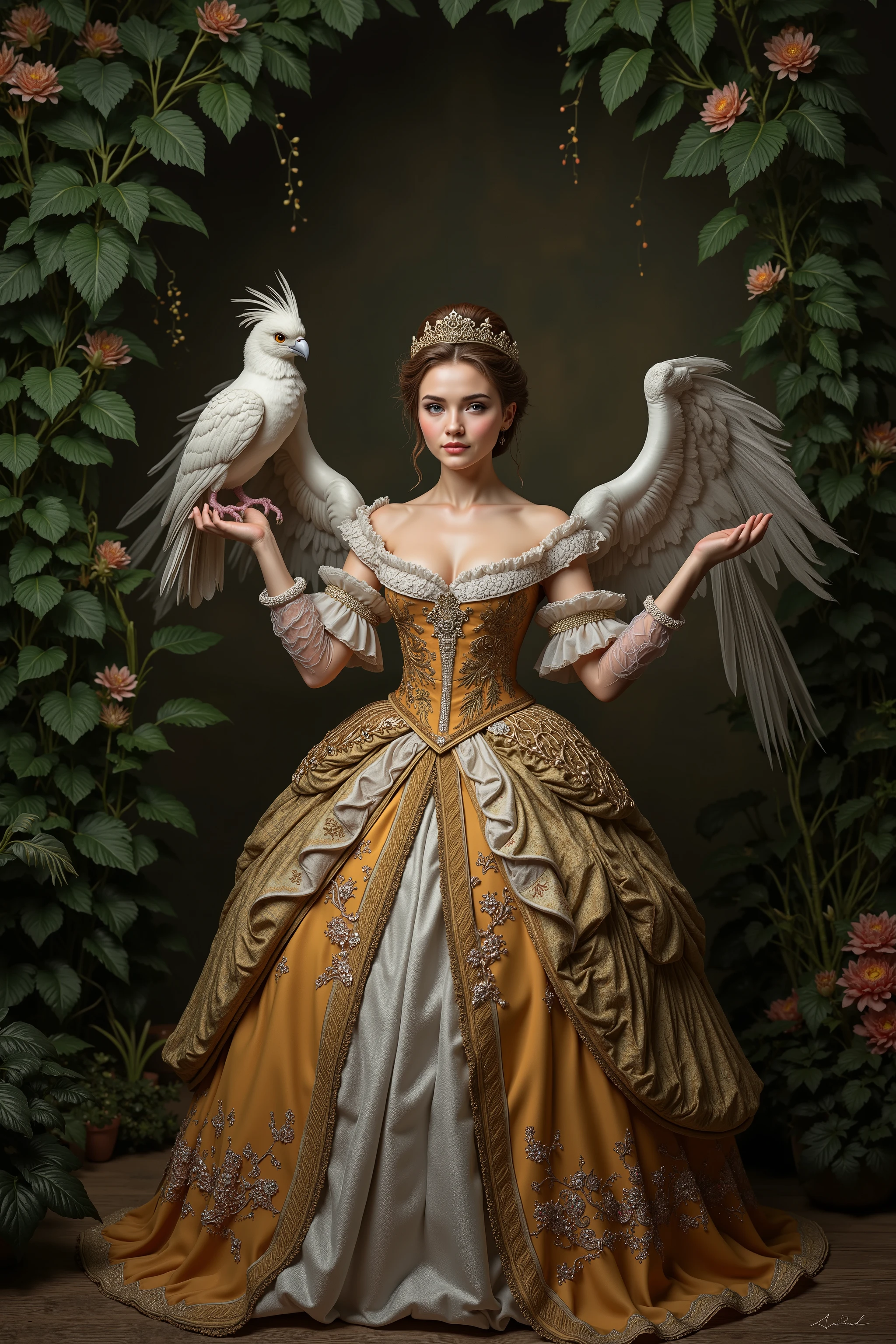 A woman in a baroque dress, a bird sits on his arm , background full of leaves