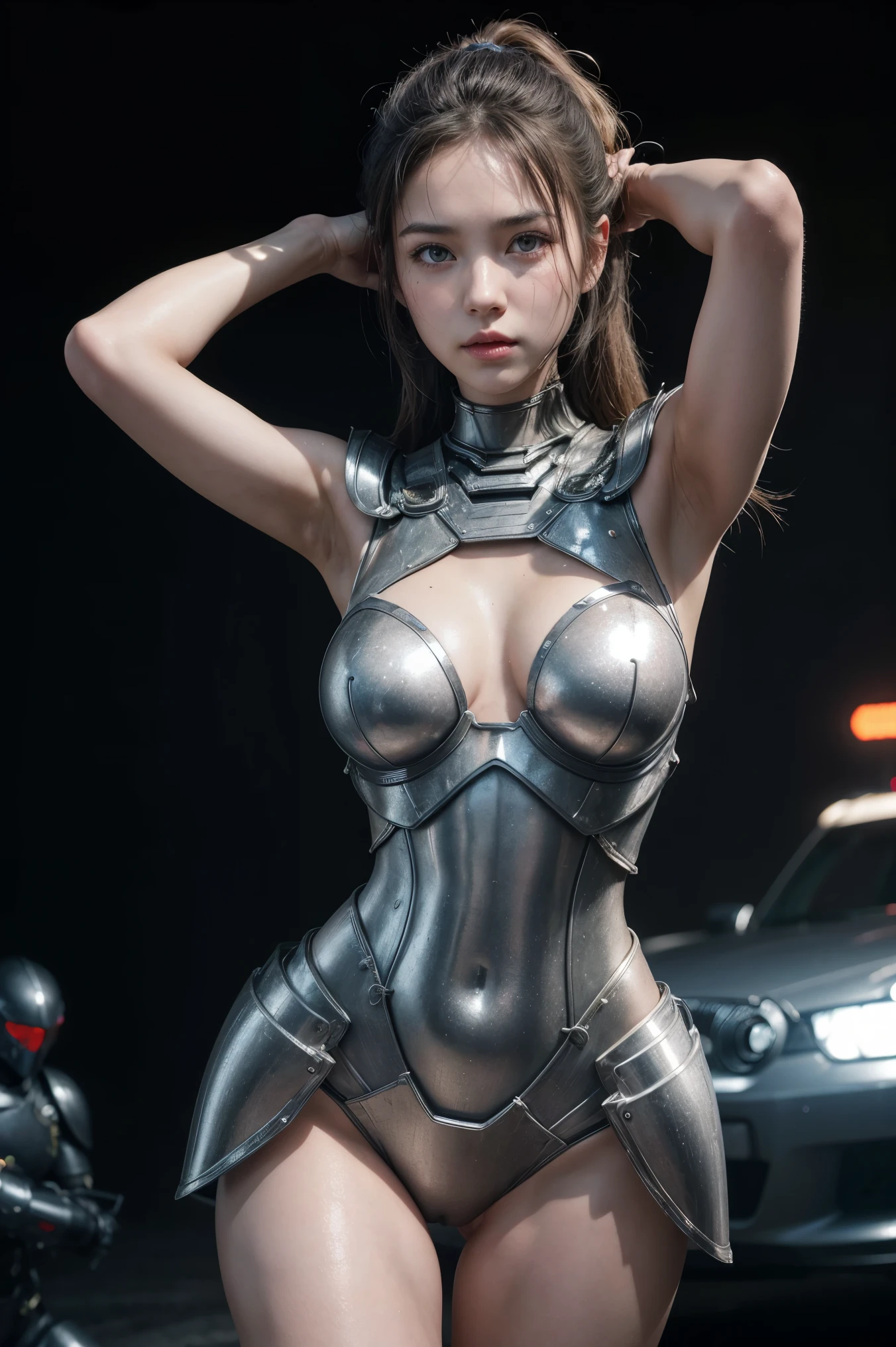 Best quality, delicate face, 20-year-old kpop idol girl, silver cyborg body, (medium breasts:1.5), metal structural skeleton, mechanical joint, bangs, seaside, standing posture, beach, (puffyareolas), (camel toe, cameltoe, vulvashaped:1.2), cyberpunk, sci-fi,