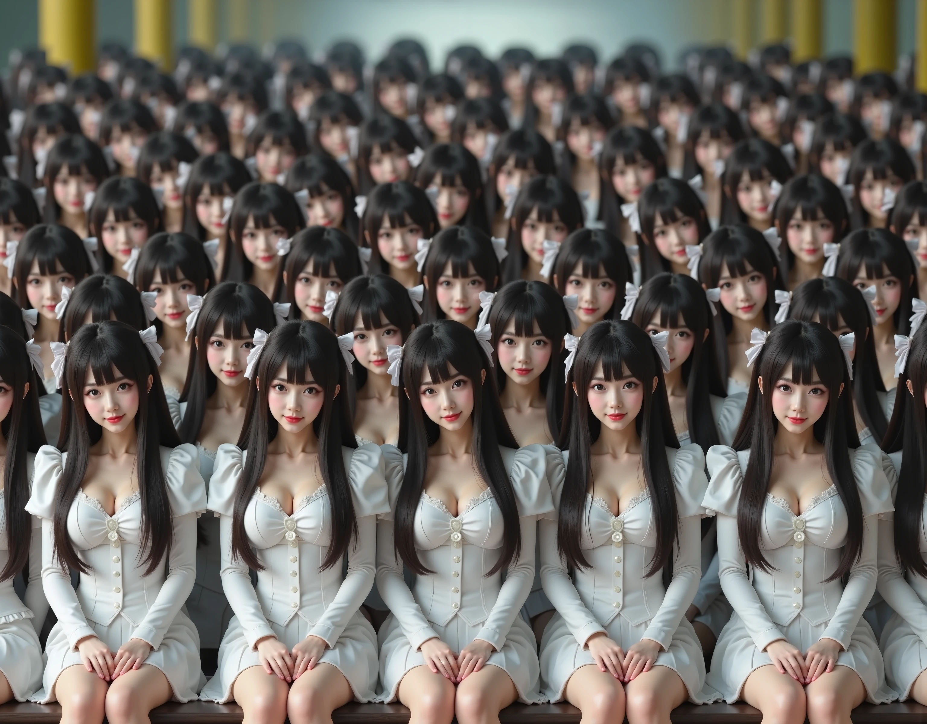 (Super beautiful japanese cosplay cloning girls), 
(Super Best masterpiece, 16k, RAW,  Max Image Quality,  Ultra High Resolution,  Very detailed and precise, super high image quality ), 
 I'm such a beautiful real Japanese super busty girl, A beautiful female figure that is so perfect, I'm full of such cute smiles ,  cute private high school girl uniform
Realistic depiction of her proliferating a lot, Her hairstyle, body shape, and uniform that have proliferated have the same appearance, Depiction of a large crowd full of girlfriends who have proliferated infinitely,  
Ultra-wide field of view, low view, Very detailed and accurate１Point perspective drawing