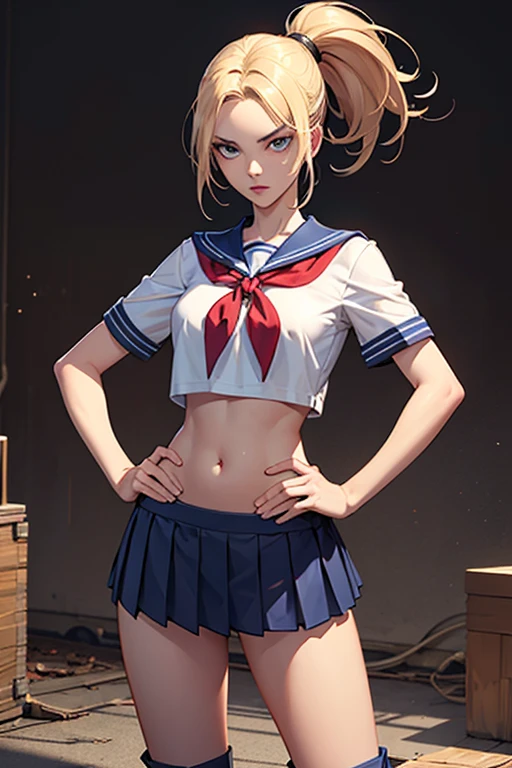 rialistic photo、top-quality, a sailor suit、Ultra mini skirt、beautiful thigh、Beautiful belly button、Beautiful facial features、Beautiful camel toe、Hi-Res, and18, 1girl, Android 18, 独奏, blonde  hair, blue eyess, shorth hair, 耳 Ring, jewely, medium , cowboy  shot, street, (校服:1.2), off shoulders, sunset,