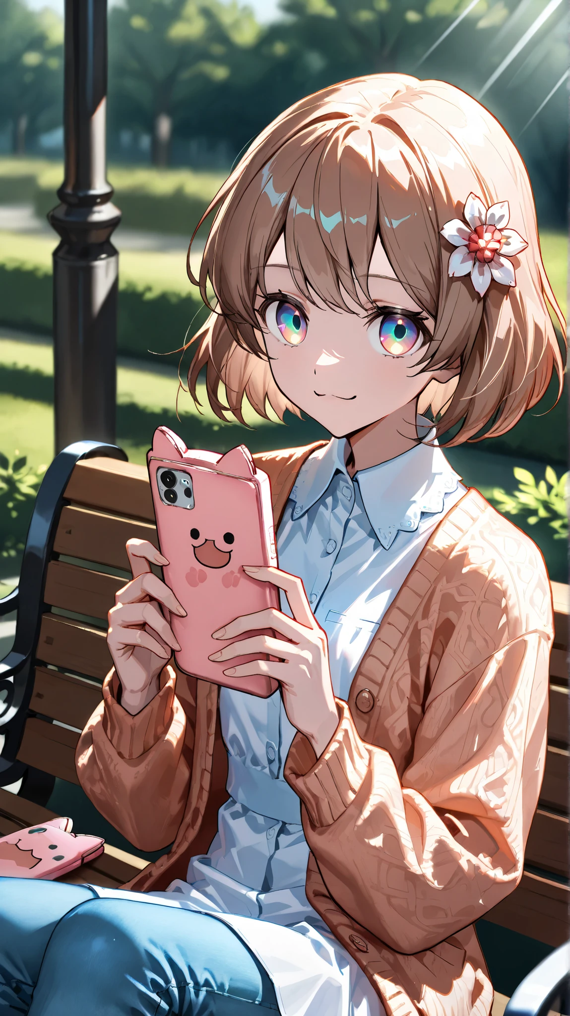 1girl, solo, (master piece, professional quality, high resolution, 8k, sharp focus), upper body, white dress shirt, over (coral Cardigan), Skinny jeans, sitting on a park bench, joyful smile,  Looking at Viewer, blue gradient eyes, detailed eyes, medium light brown hair, tactile hair, hair flower ornament,  in focus with blurred background, sunbeam, rim lighting, hold a smartphone, (Cat  smartphone case:1.6)