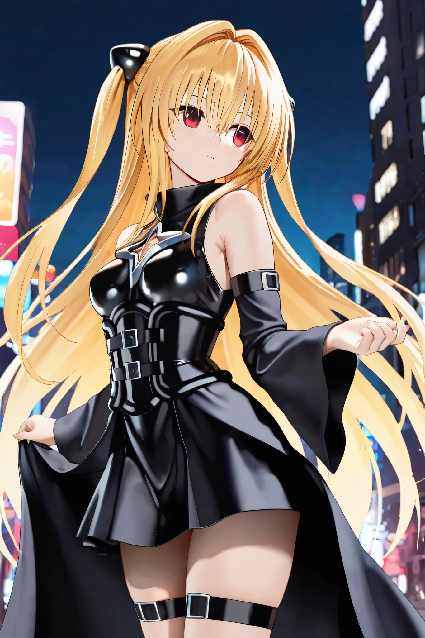 NSFW,masterpiece,Highest quality,High resolution,Very detailed,Golden Darkness\(To Love-Ru\),Blonde,Red eyes,long hair,Two Side Up,Small breasts,Black Dress,Sleeveless,Removable sleeves,belt,Cleavage cutout,Cutouts for clothes,Thigh straps,Knee socks,hair ornaments,(Lustful face),Dissatisfied face,blush,Are standing,Nightlife,In town